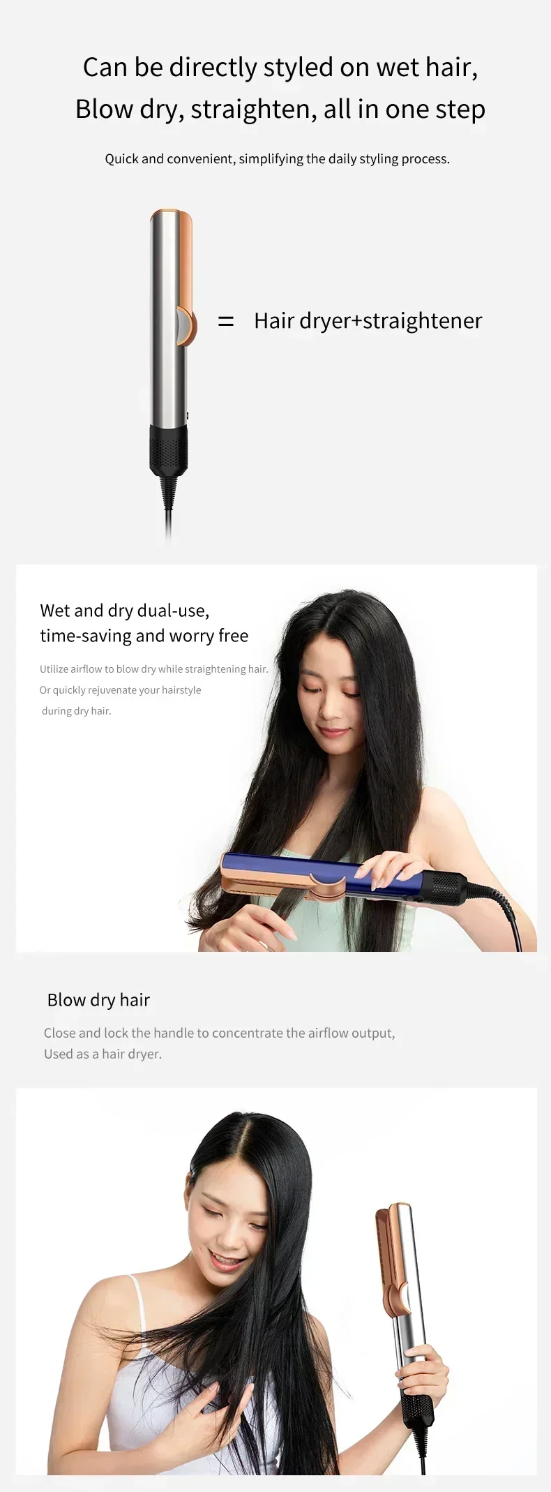 Professional 2 in 1 Hair Dryer Straightener Combo Negative  Flat Iron Long-Lasting Styling Essential Tool for All Hair Textures