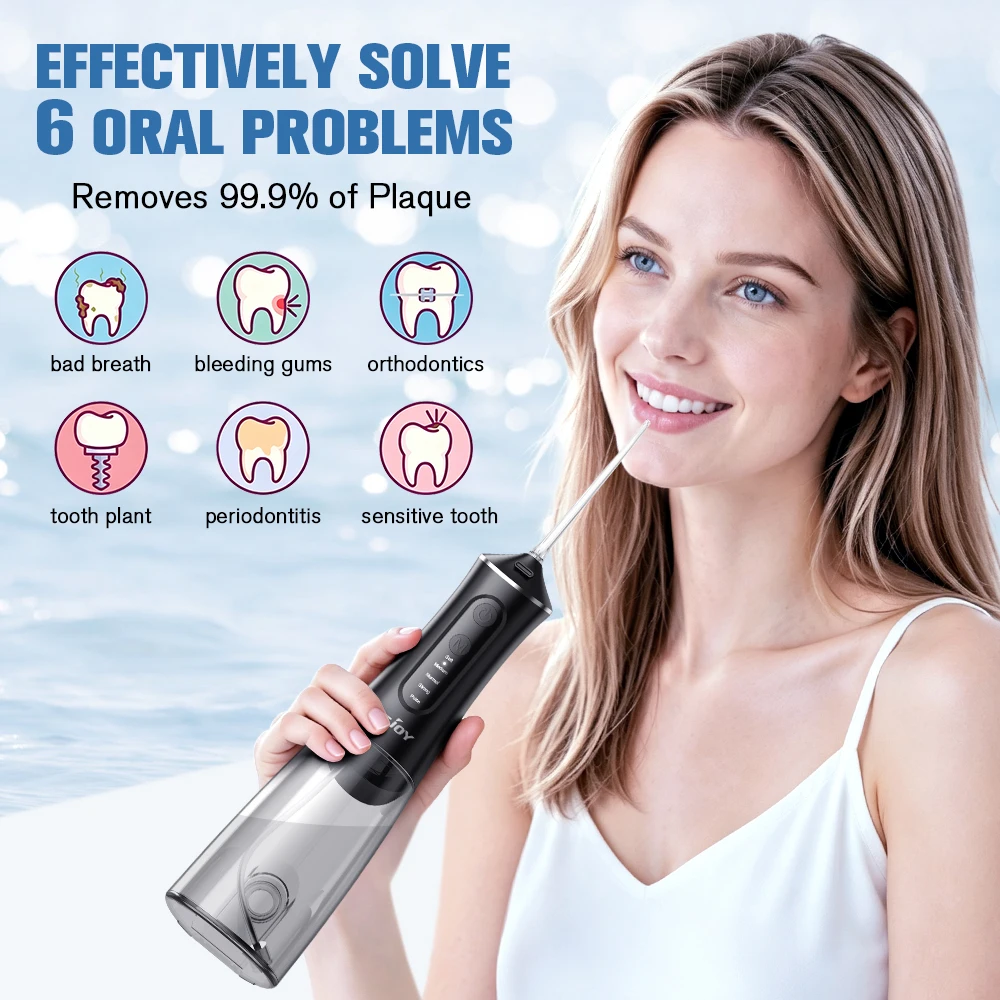 SEJOY Portable Oral Irrigator 5 Modes,350ml Tank Water Flosser for Orthodontics & Sensitive Gums, Wireless, Ideal for Travel, Family, Black