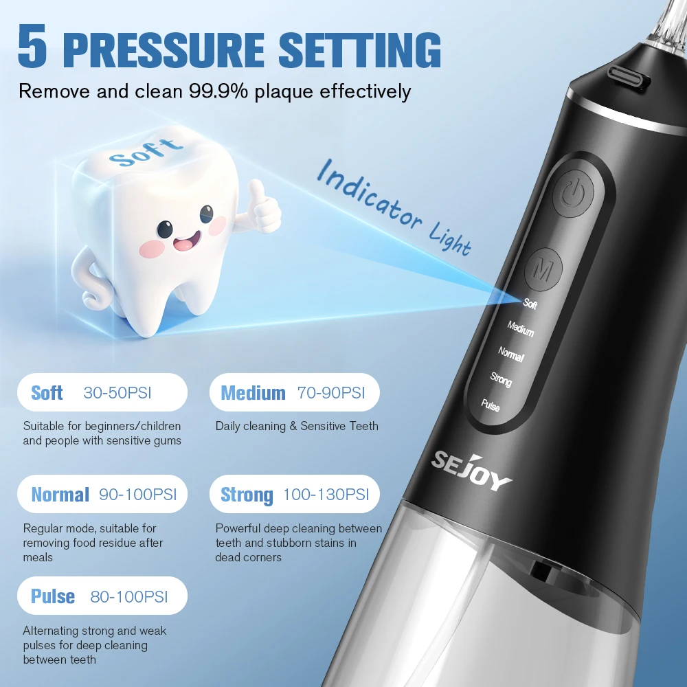 SEJOY Portable Oral Irrigator 5 Modes,350ml Tank Water Flosser for Orthodontics & Sensitive Gums, Wireless, Ideal for Travel, Family, Black