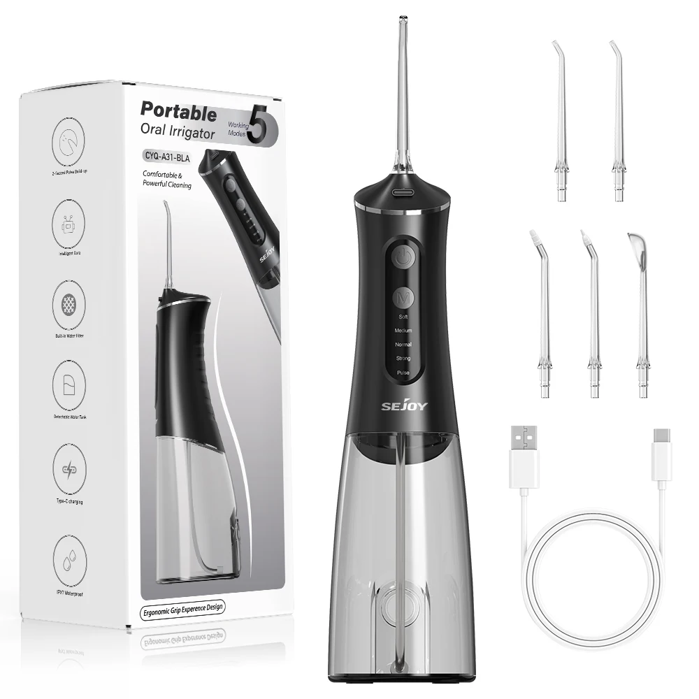 SEJOY Portable Oral Irrigator 5 Modes,350ml Tank Water Flosser for Orthodontics & Sensitive Gums, Wireless, Ideal for Travel, Family, Black