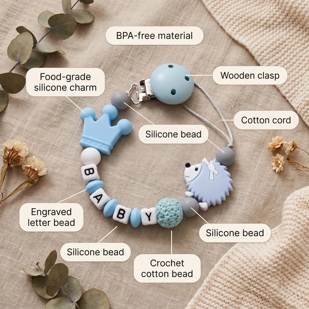 Custom Baby Name Pacifier Clip BPA Free Food Grade Silicone Teether Blue Crown Hedgehog Dummy Chain Soother Leash Toddler Gift