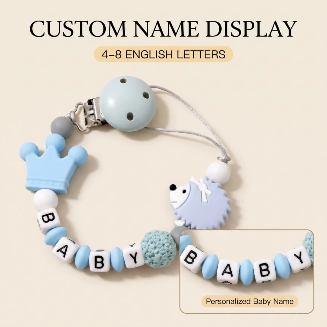 Custom Baby Name Pacifier Clip BPA Free Food Grade Silicone Teether Blue Crown Hedgehog Dummy Chain Soother Leash Toddler Gift