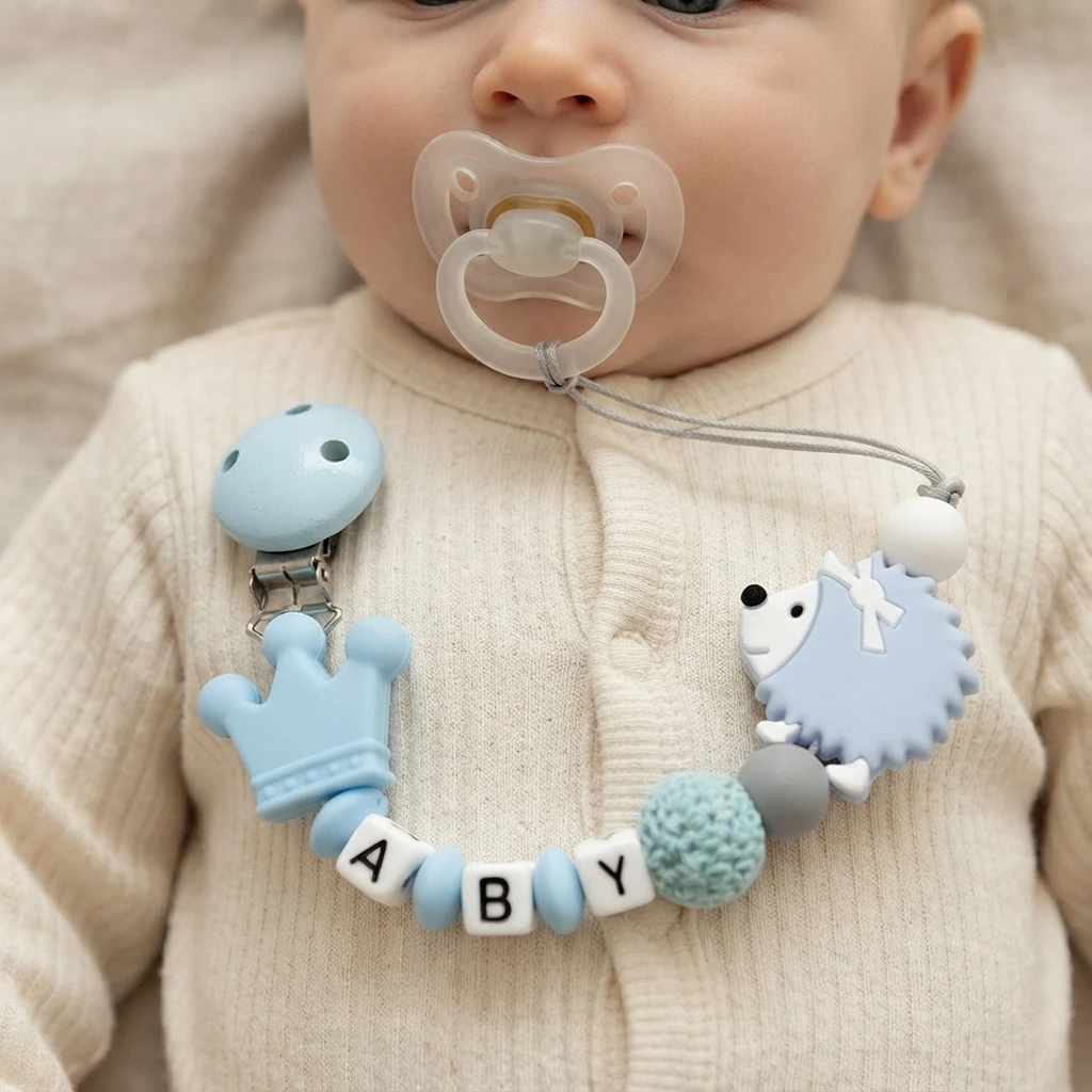 Custom Baby Name Pacifier Clip BPA Free Food Grade Silicone Teether Blue Crown Hedgehog Dummy Chain Soother Leash Toddler Gift