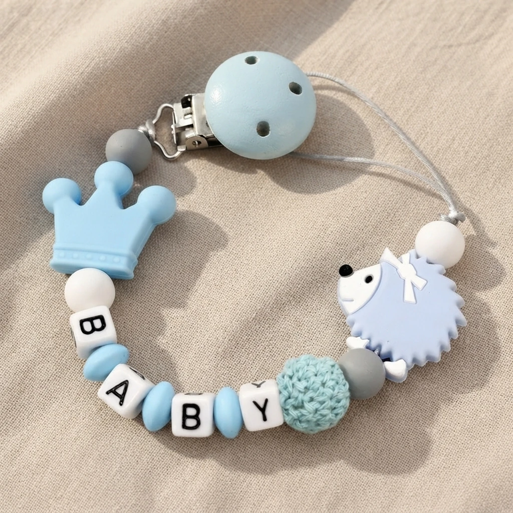 Custom Baby Name Pacifier Clip BPA Free Food Grade Silicone Teether Blue Crown Hedgehog Dummy Chain Soother Leash Toddler Gift