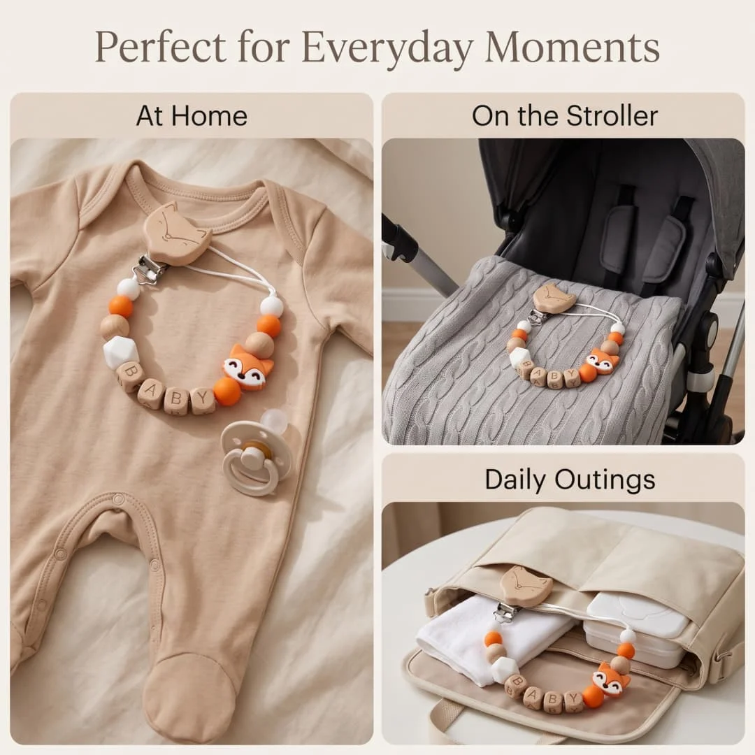 Personalized Name Fox Baby Pacifier Clip Chain Food Grade Silicone Wooden Teether Beads BPA Free Dummy Holder Infant Toy