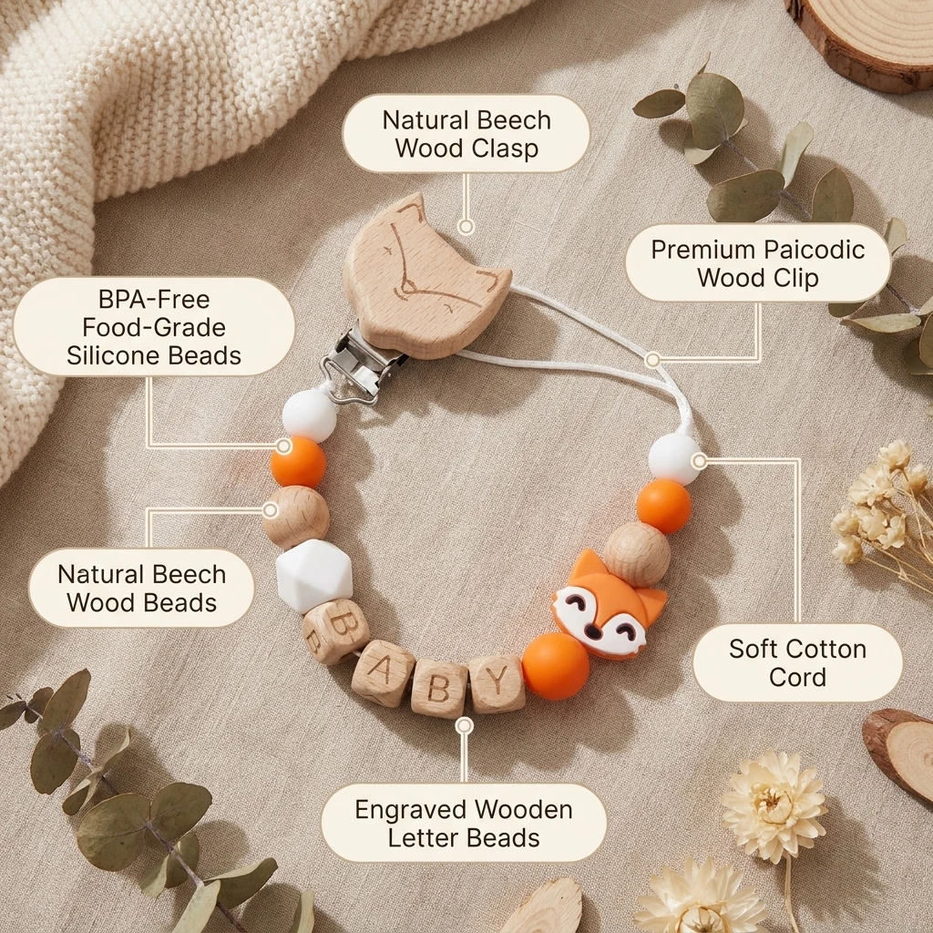 Personalized Name Fox Baby Pacifier Clip Chain Food Grade Silicone Wooden Teether Beads BPA Free Dummy Holder Infant Toy