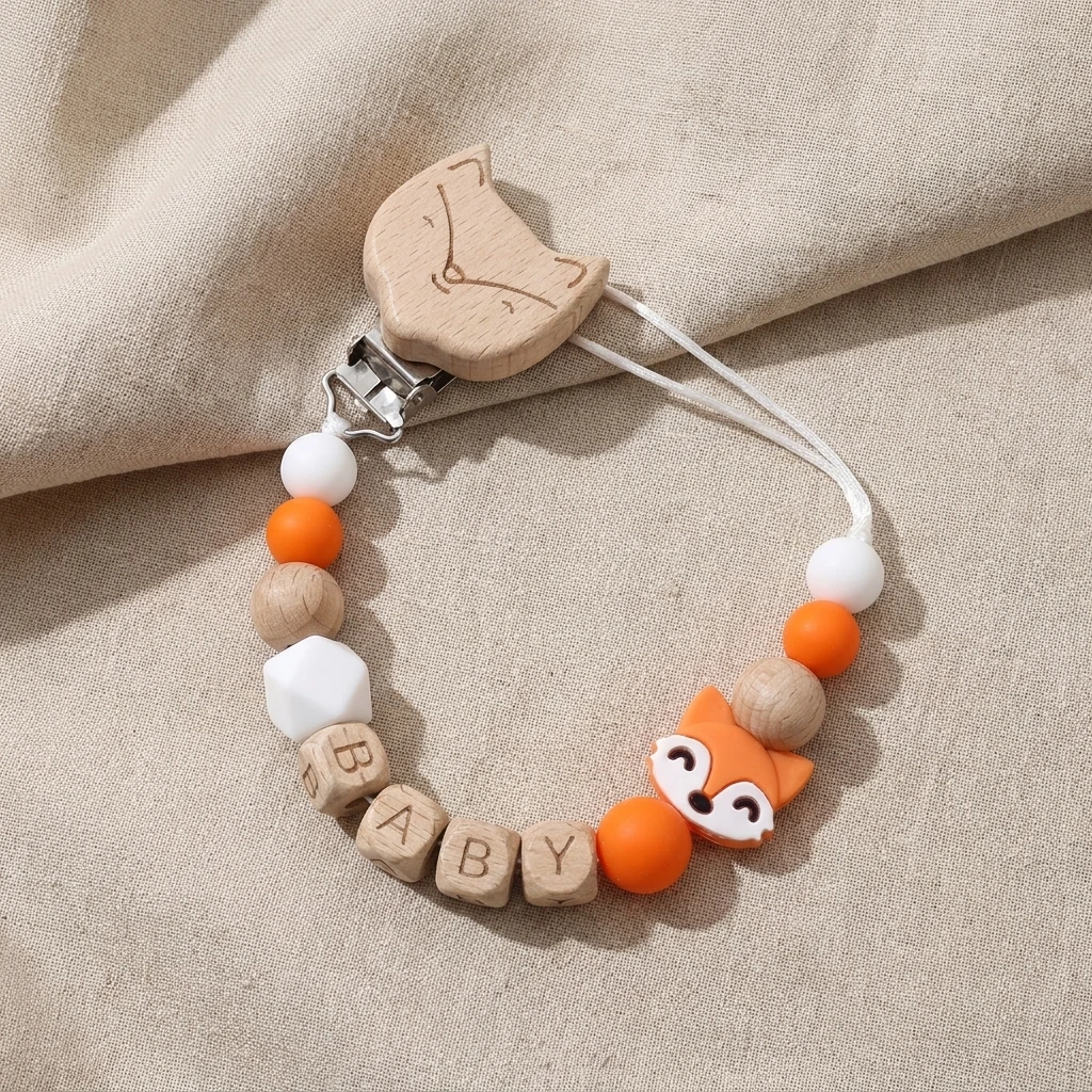 Personalized Name Fox Baby Pacifier Clip Chain Food Grade Silicone Wooden Teether Beads BPA Free Dummy Holder Infant Toy
