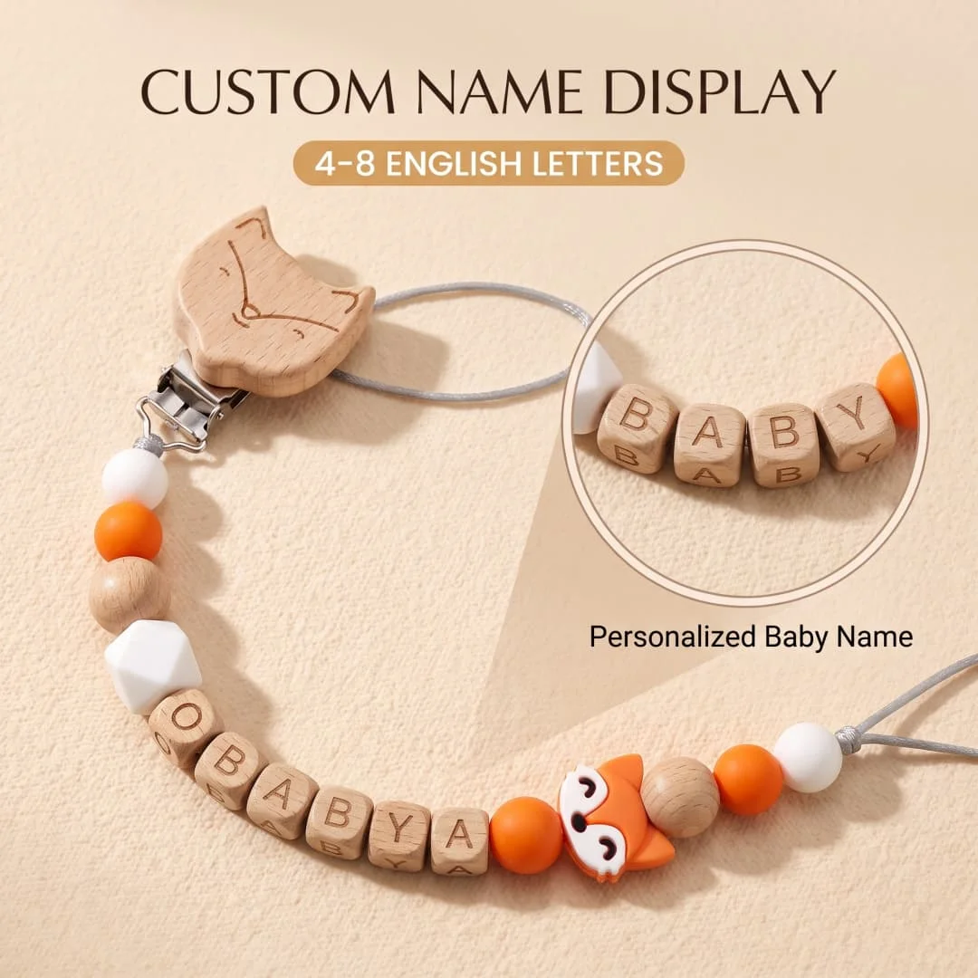 Personalized Name Fox Baby Pacifier Clip Chain Food Grade Silicone Wooden Teether Beads BPA Free Dummy Holder Infant Toy