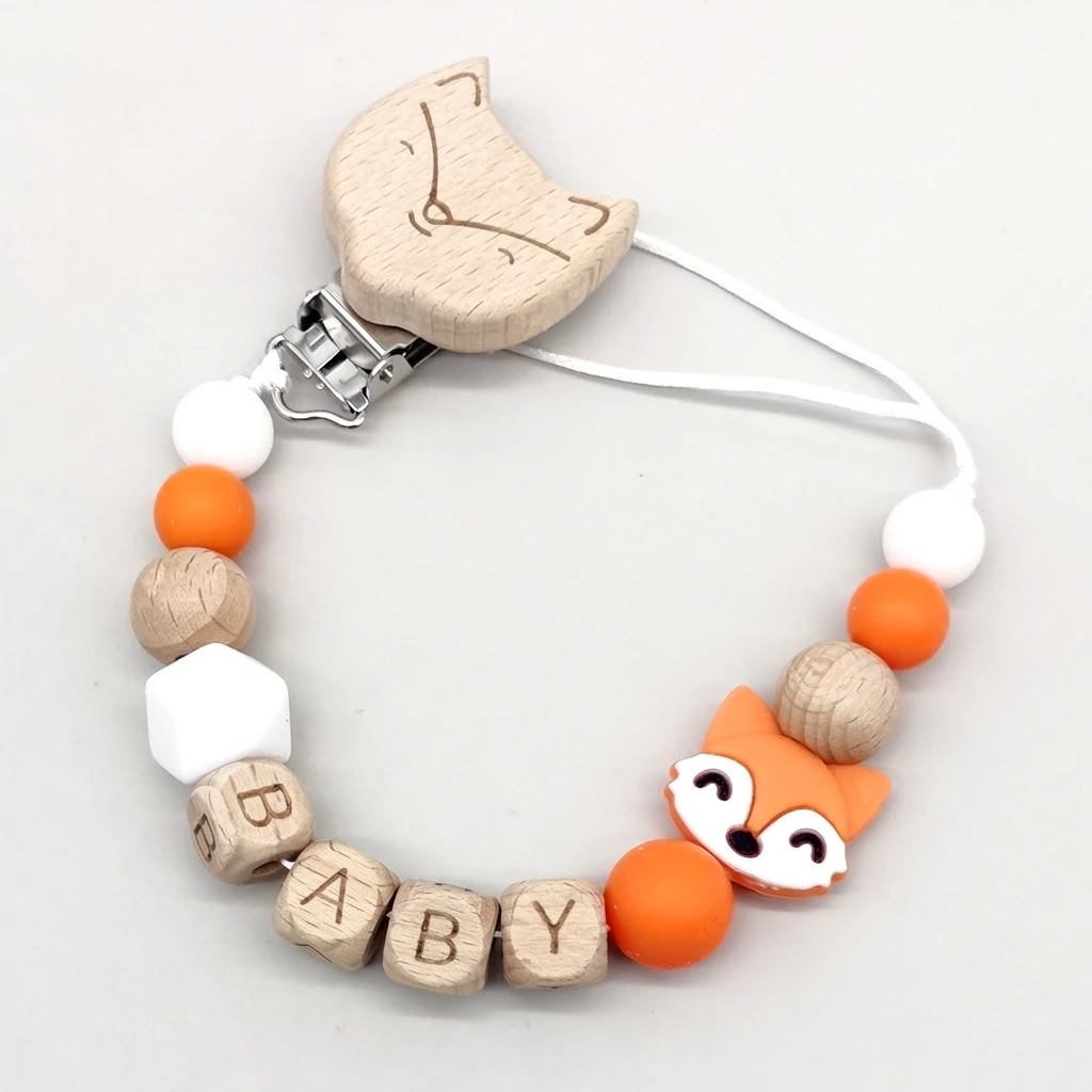 Personalized Name Fox Baby Pacifier Clip Chain Food Grade Silicone Wooden Teether Beads BPA Free Dummy Holder Infant Toy