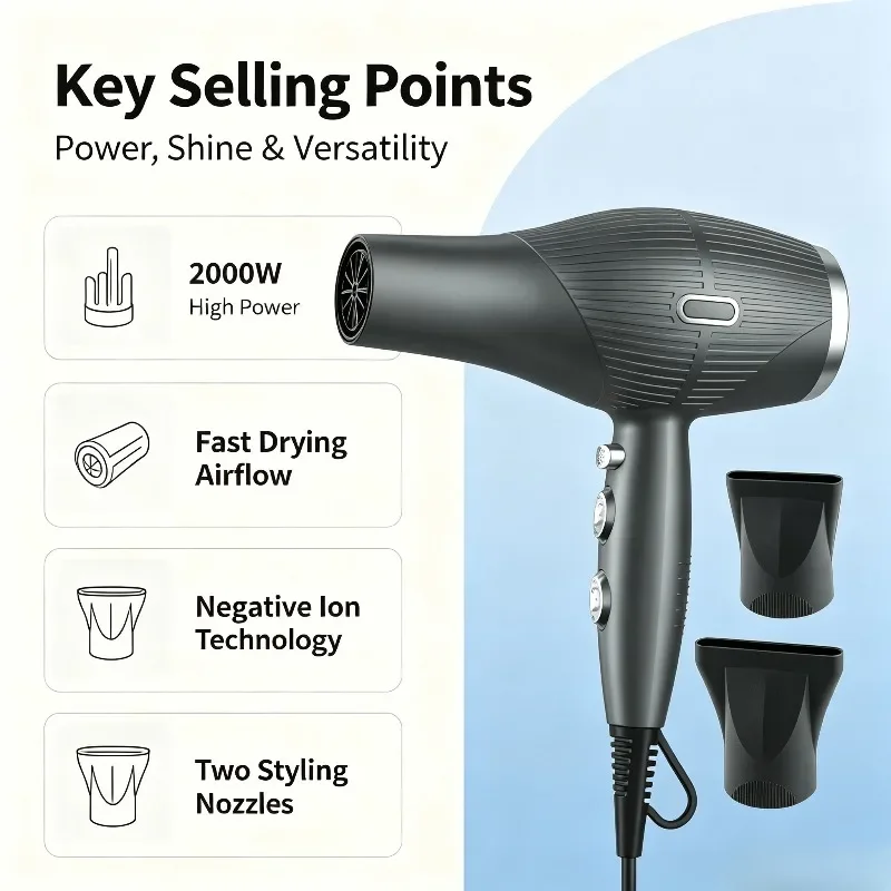 WETECH Professional 2000W Negative Ionic Hair Dryer AC Motor Salon Hairdryer Adjustable Temperature Fast Drying Blow Dryer with Styling Nozzles