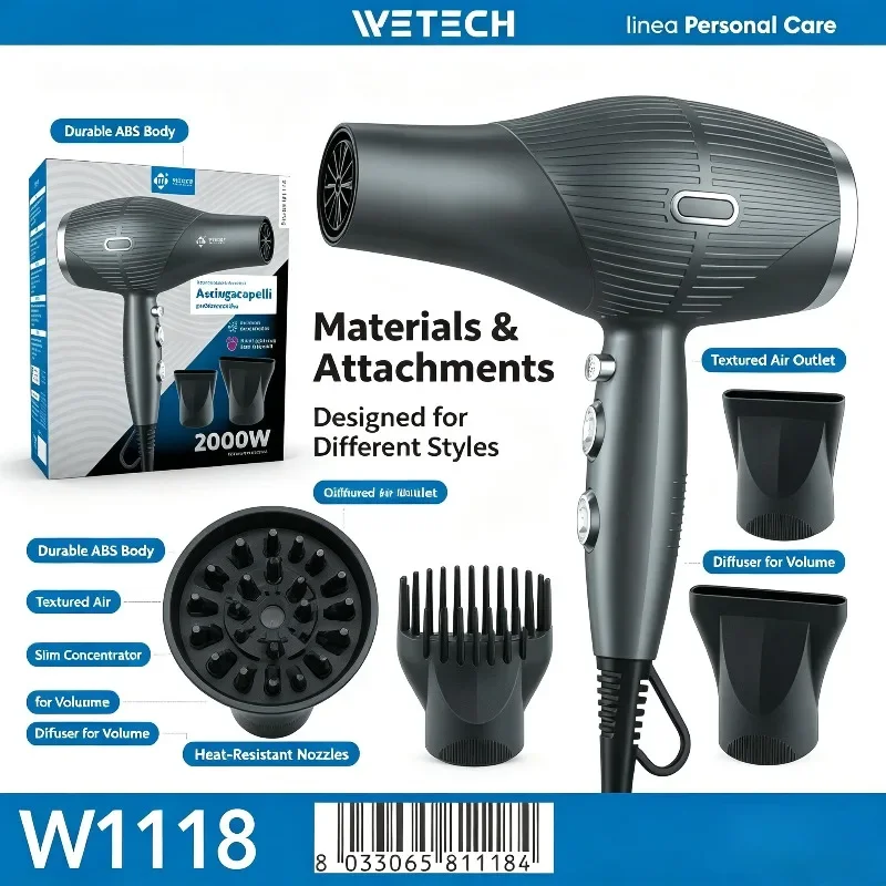 WETECH Professional 2000W Negative Ionic Hair Dryer AC Motor Salon Hairdryer Adjustable Temperature Fast Drying Blow Dryer with Styling Nozzles