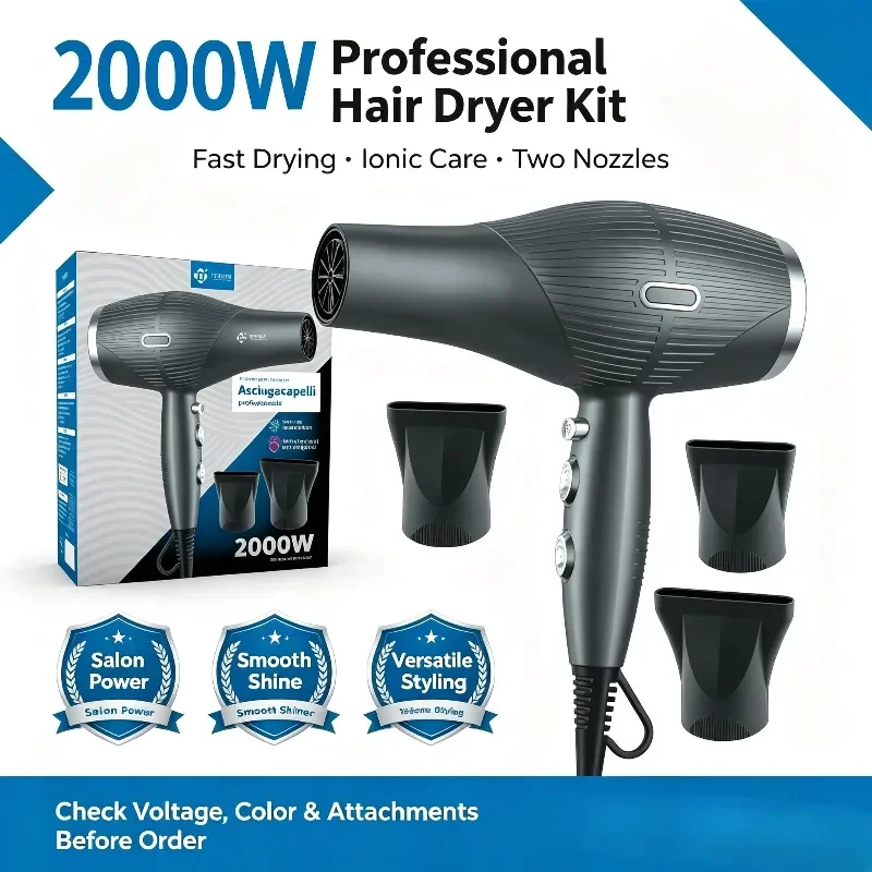 WETECH Professional 2000W Negative Ionic Hair Dryer AC Motor Salon Hairdryer Adjustable Temperature Fast Drying Blow Dryer with Styling Nozzles