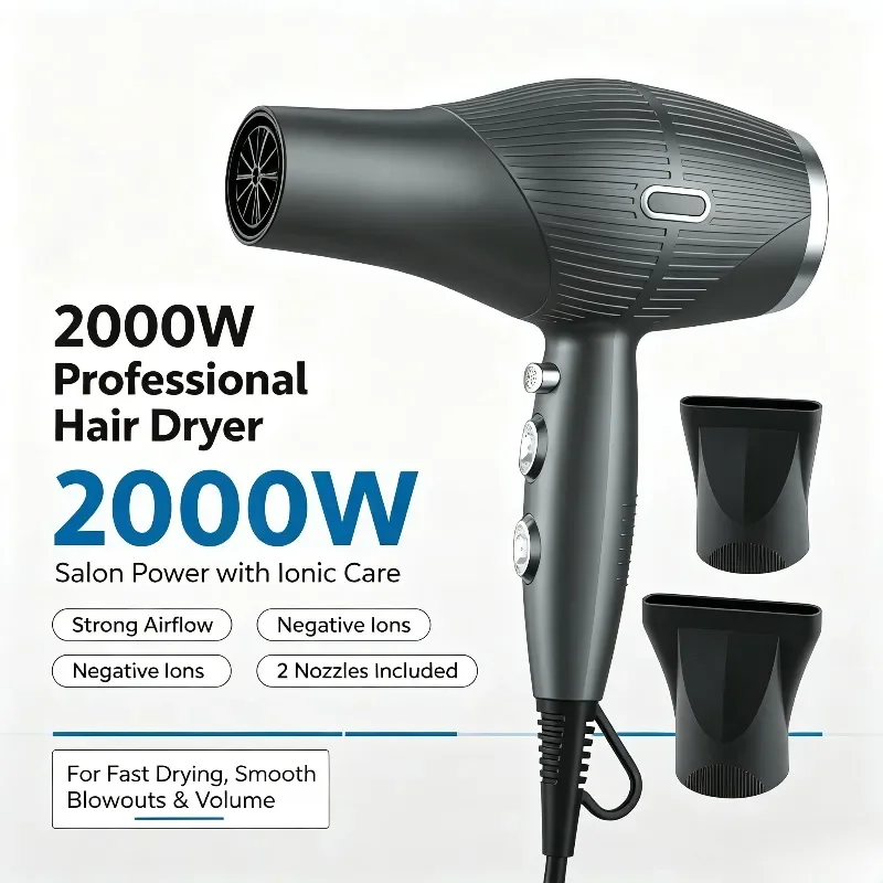 WETECH Professional 2000W Negative Ionic Hair Dryer AC Motor Salon Hairdryer Adjustable Temperature Fast Drying Blow Dryer with Styling Nozzles