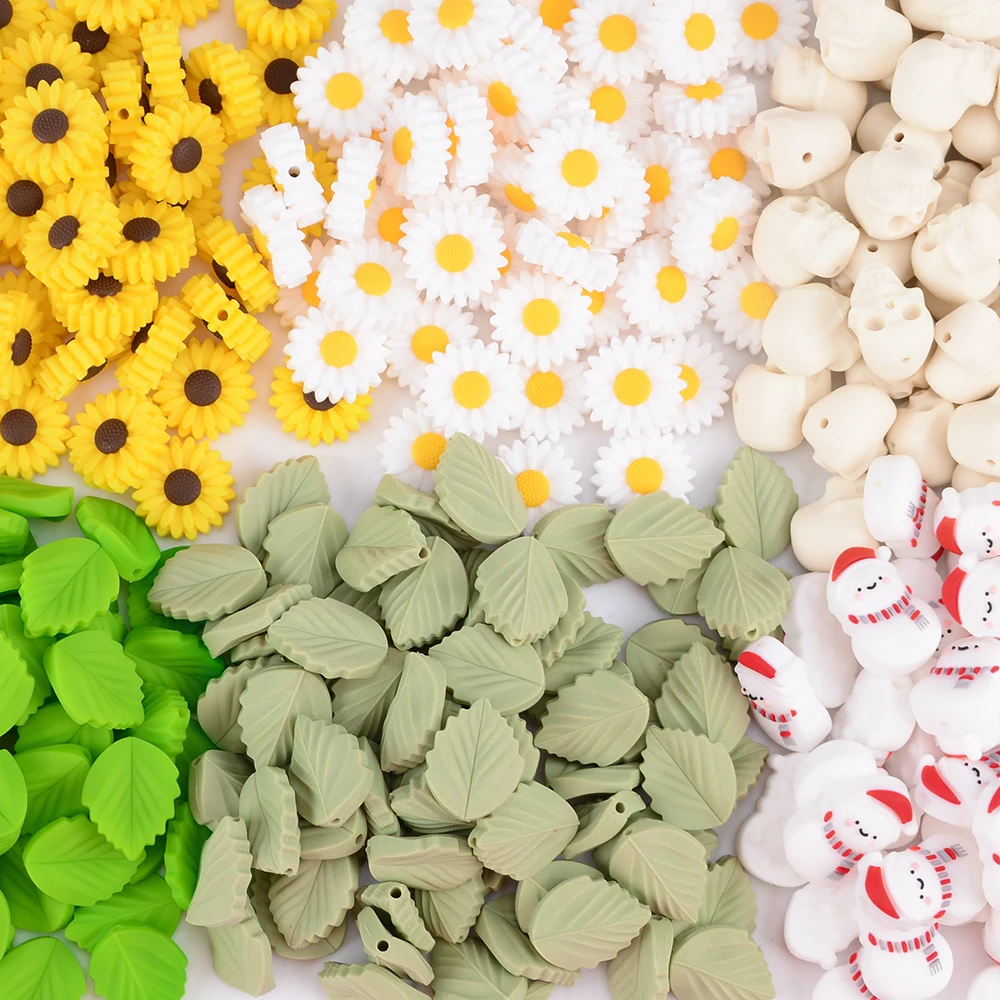 LOFCA Leaf 5pcs/10pcs Sunflower Cute Silicone Beads Daisy Food Grade Leaves Teether BPA-Free Baby Snowman Toy Chain Accessories