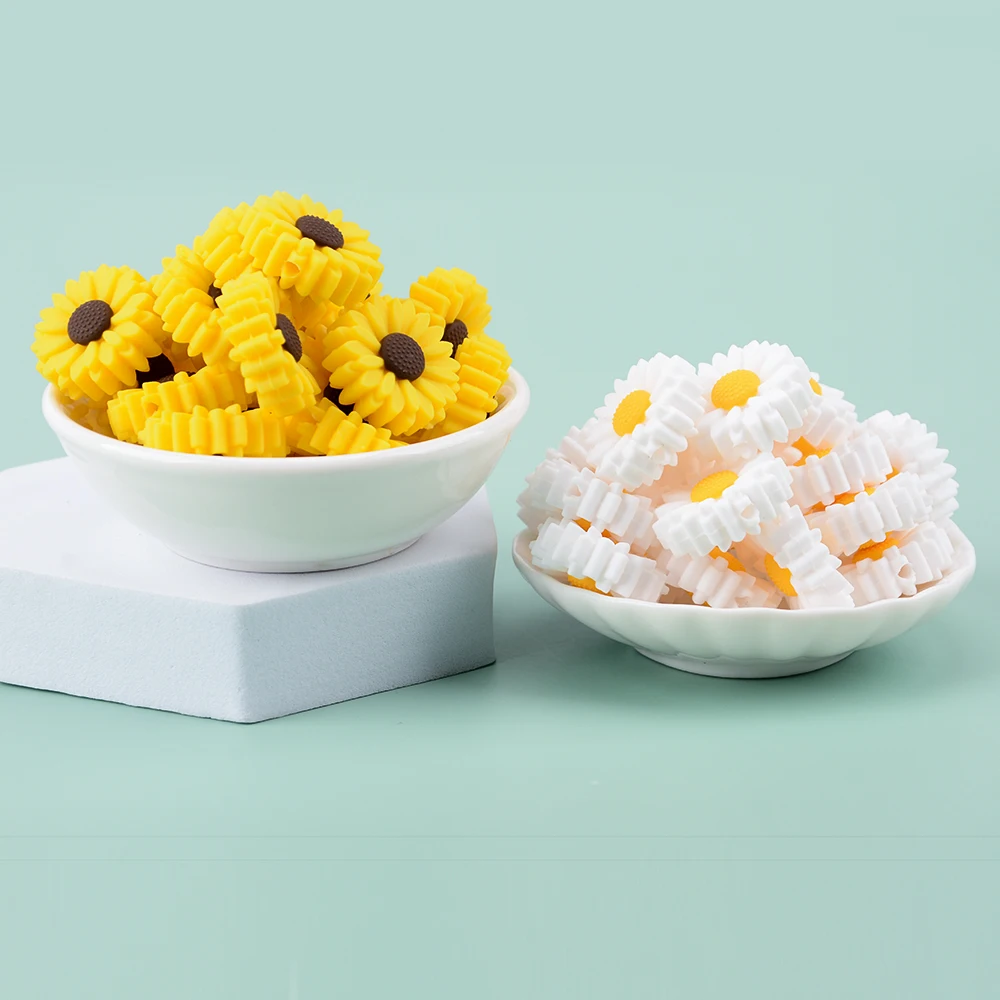 LOFCA Leaf 5pcs/10pcs Sunflower Cute Silicone Beads Daisy Food Grade Leaves Teether BPA-Free Baby Snowman Toy Chain Accessories