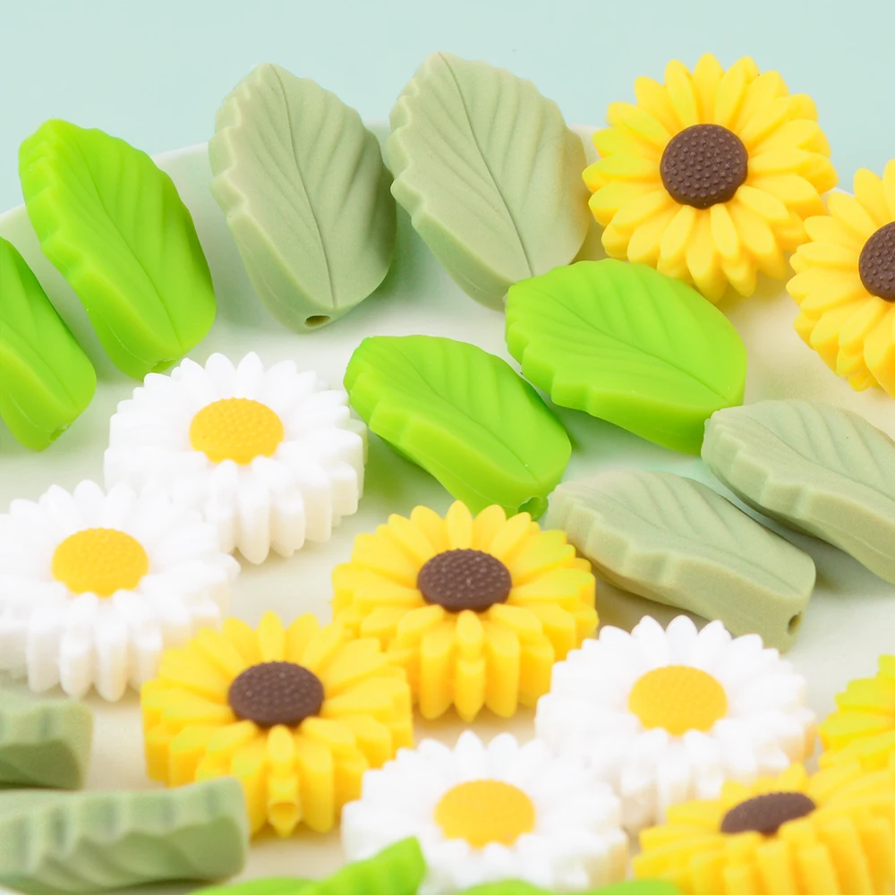 LOFCA Leaf 5pcs/10pcs Sunflower Cute Silicone Beads Daisy Food Grade Leaves Teether BPA-Free Baby Snowman Toy Chain Accessories
