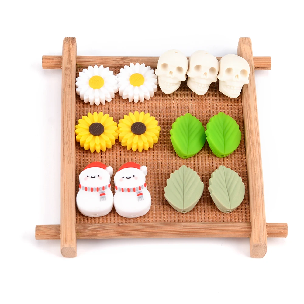 LOFCA Leaf 5pcs/10pcs Sunflower Cute Silicone Beads Daisy Food Grade Leaves Teether BPA-Free Baby Snowman Toy Chain Accessories
