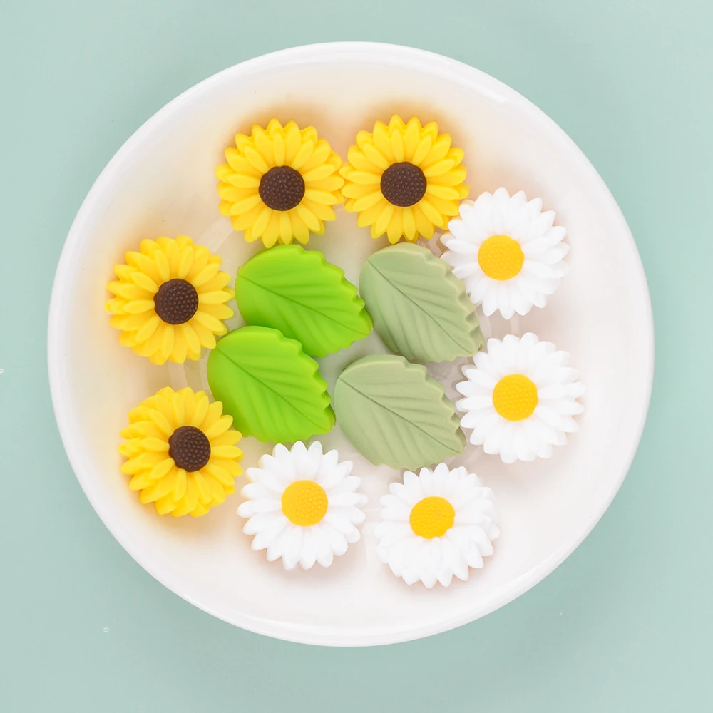 LOFCA Leaf 5pcs/10pcs Sunflower Cute Silicone Beads Daisy Food Grade Leaves Teether BPA-Free Baby Snowman Toy Chain Accessories