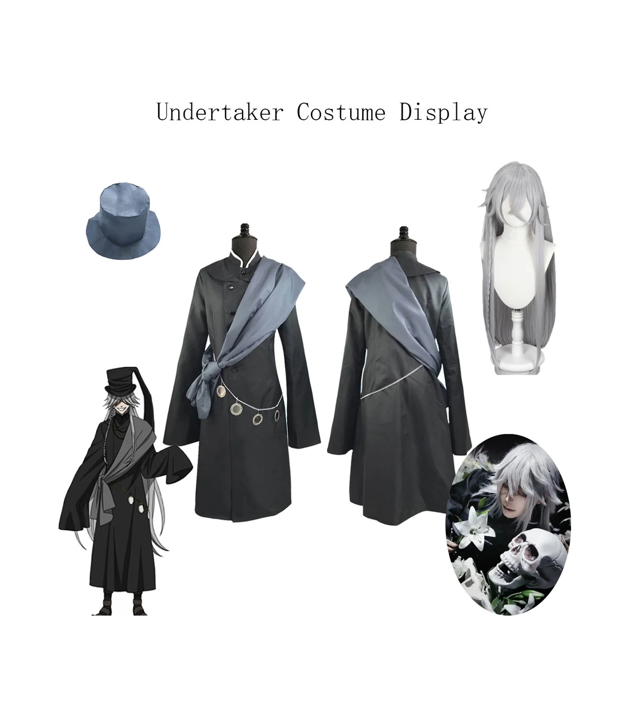 Undertaker Cosplay Costume Full Set,Gothic Vintage Long Coat With Sash Chain Top Hat Silver Wig,Halloween Carnival Fancy Outfit