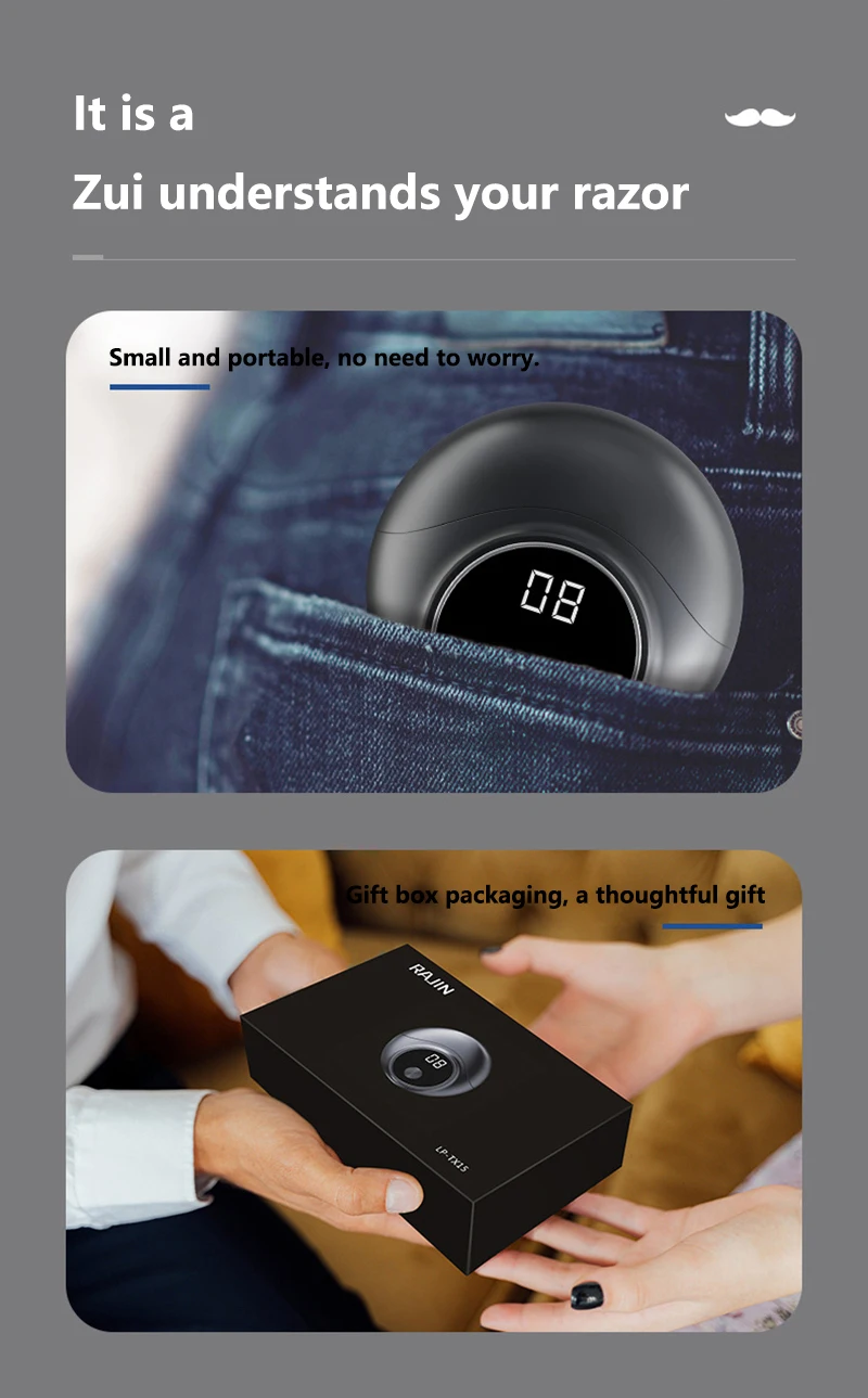 Portable Mini Electric Shaver For Men Double Ring Knife Mesh Digital LED Display USB Fast Charging Pocket Beard RazorTravel Car