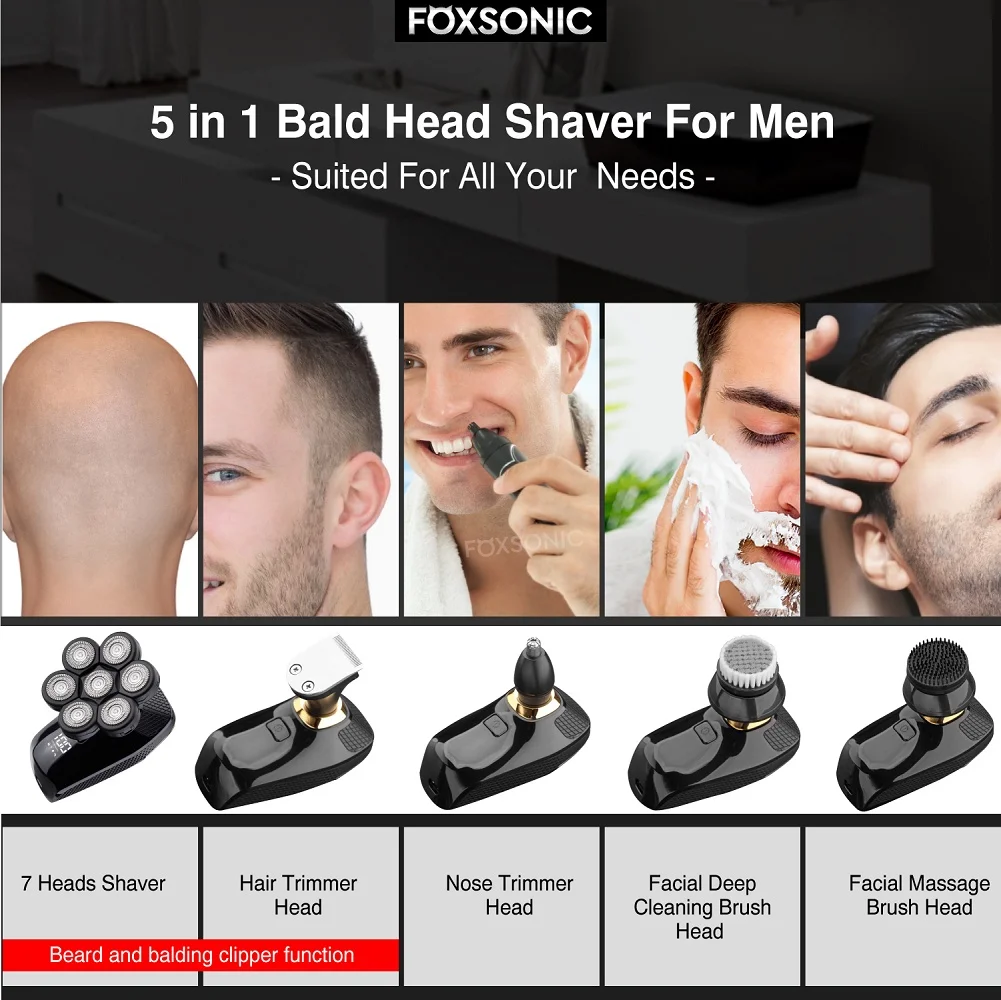 FOXSONIC Shaver For Men 7D Independently 7 Cutter Floating Head Waterproof Electric Razor Beard Trimmer For Men