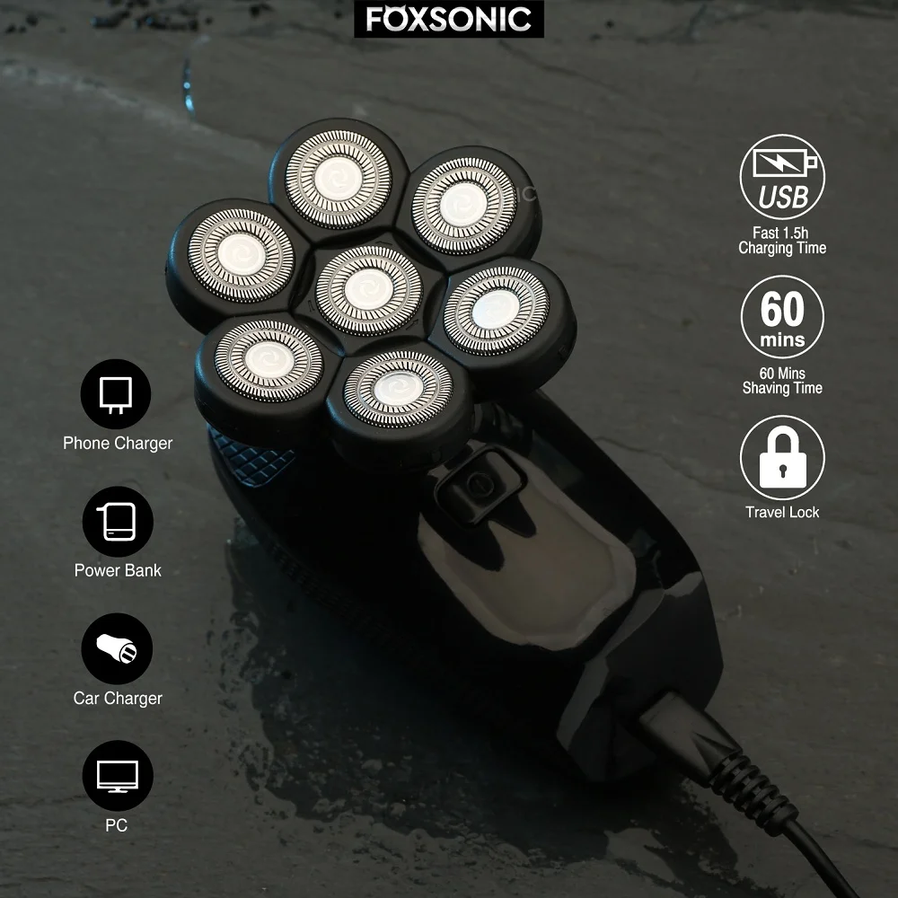 FOXSONIC Shaver For Men 7D Independently 7 Cutter Floating Head Waterproof Electric Razor Beard Trimmer For Men