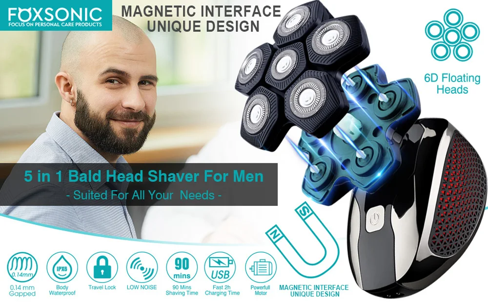 FOXSONIC Shaver For Men 7D Independently 7 Cutter Floating Head Waterproof Electric Razor Beard Trimmer For Men