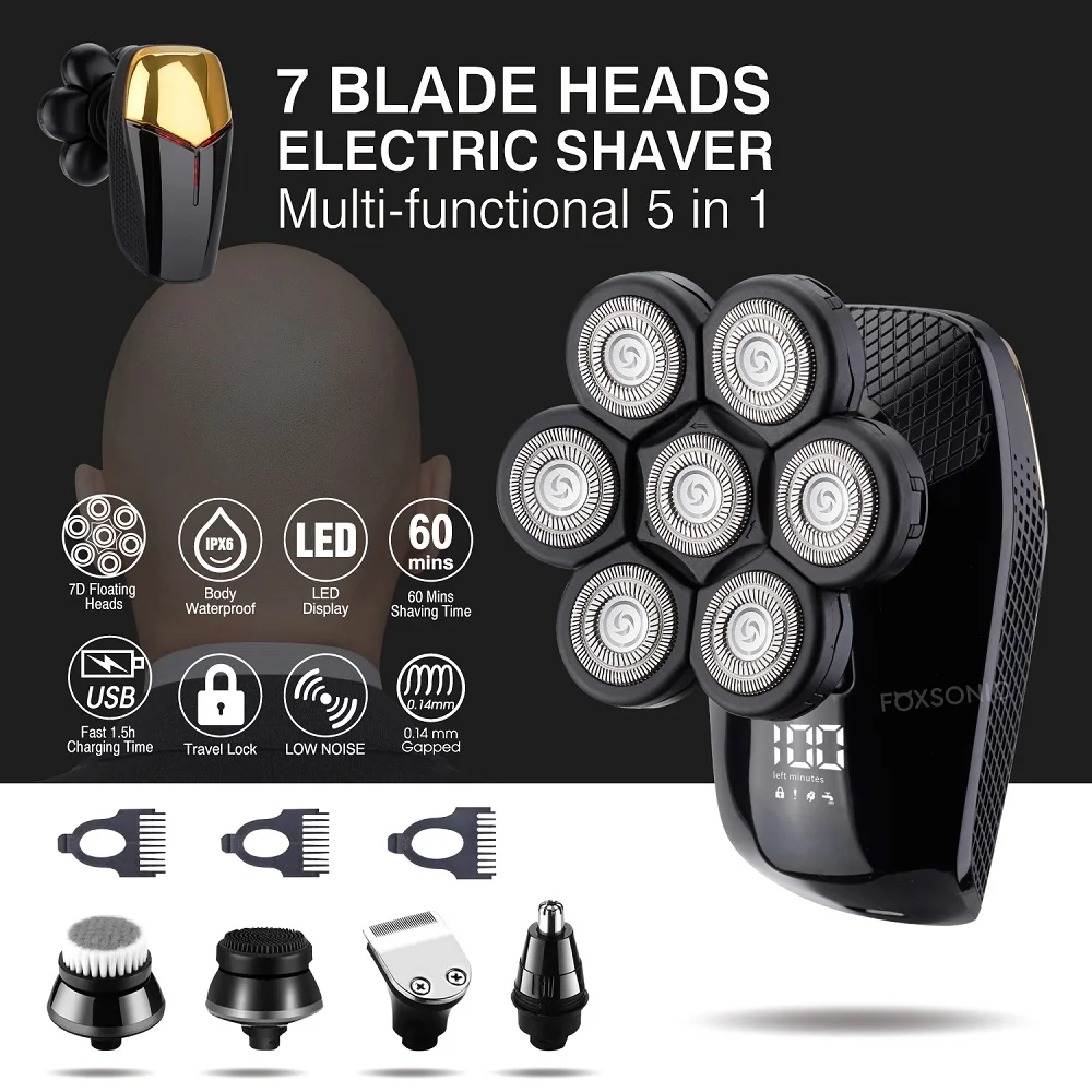 FOXSONIC Shaver For Men 7D Independently 7 Cutter Floating Head Waterproof Electric Razor Beard Trimmer For Men