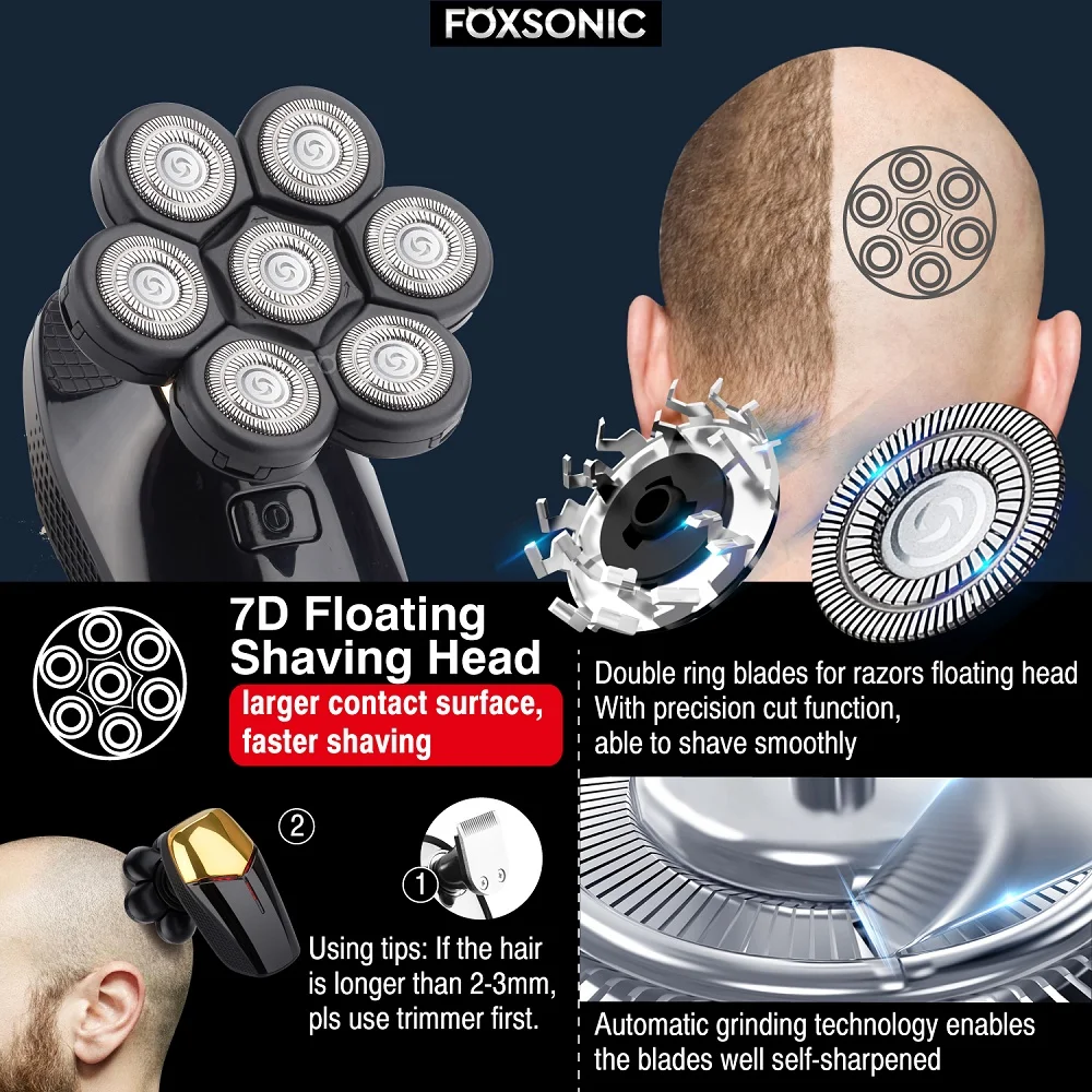 FOXSONIC Shaver For Men 7D Independently 7 Cutter Floating Head Waterproof Electric Razor Beard Trimmer For Men