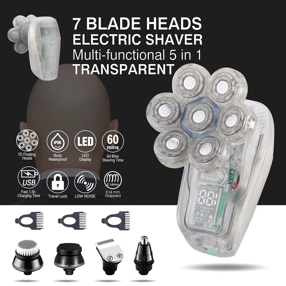 FOXSONIC Shaver For Men 7D Independently 7 Cutter Floating Head Waterproof Electric Razor Beard Trimmer For Men