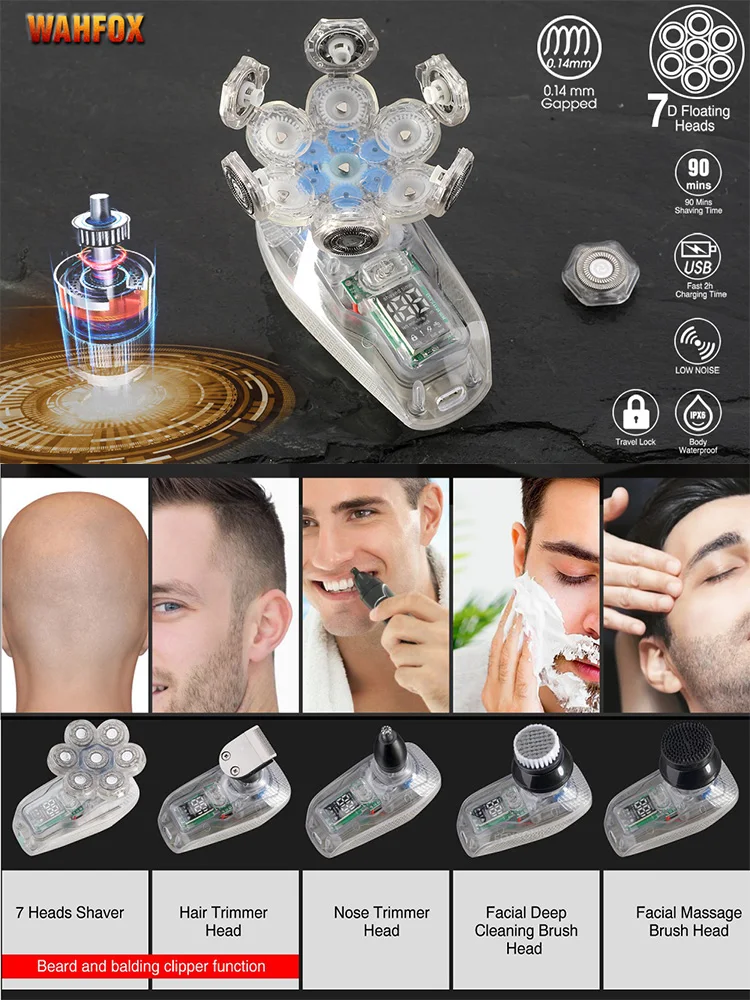 FOXSONIC Shaver For Men 7D Independently 7 Cutter Floating Head Waterproof Electric Razor Beard Trimmer For Men
