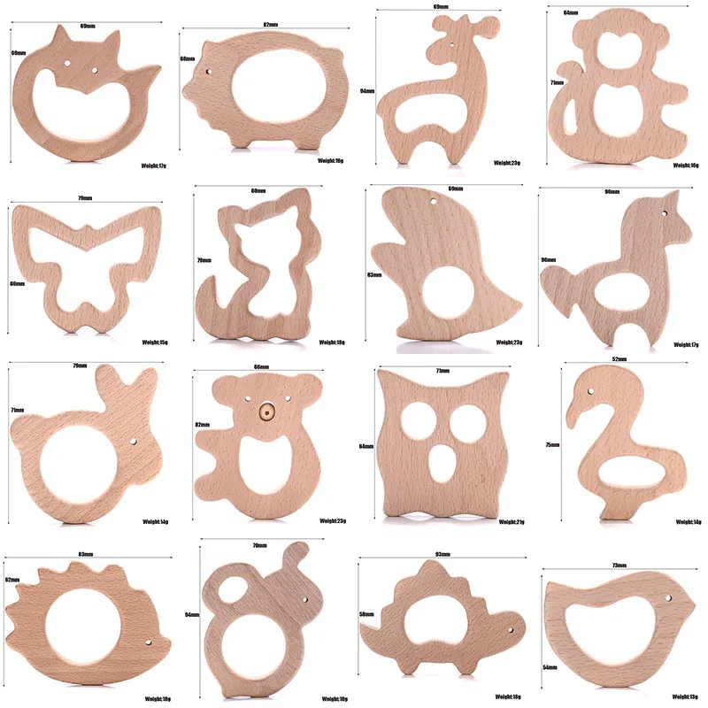 1Pcs Beech Wooden Teether Animal Shape Wood Teething for Baby Molar Rod Toys Wood Necklace Pendant Baby Chew Teether