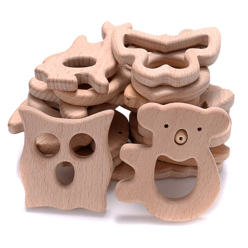 1Pcs Beech Wooden Teether Animal Shape Wood Teething for Baby Molar Rod Toys Wood Necklace Pendant Baby Chew Teether