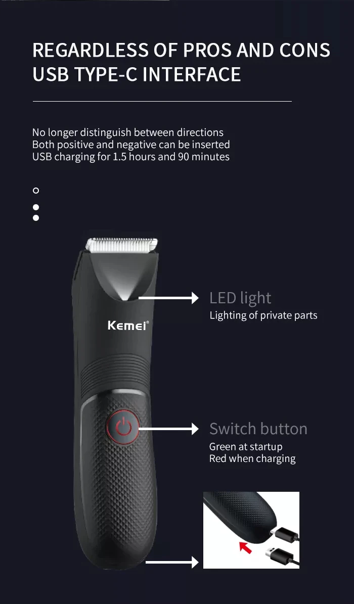Kemei Groin Area Hair Trimmer Lawn Mower Ceramic Blade Waterproof Wet Dry Clippers Pubic Armpit Body Hair Ultimate Hygiene Razor