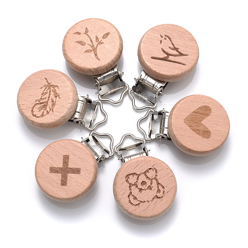 5Pcs/Lot 16 Style Beech Wooden Clip Heart Animals Rainbow Shape Dummy Clips for Baby Pacifier Chain Holder Teether Accessories