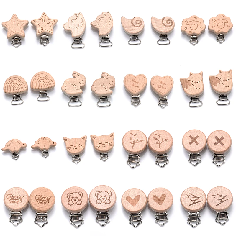 5Pcs/Lot 16 Style Beech Wooden Clip Heart Animals Rainbow Shape Dummy Clips for Baby Pacifier Chain Holder Teether Accessories