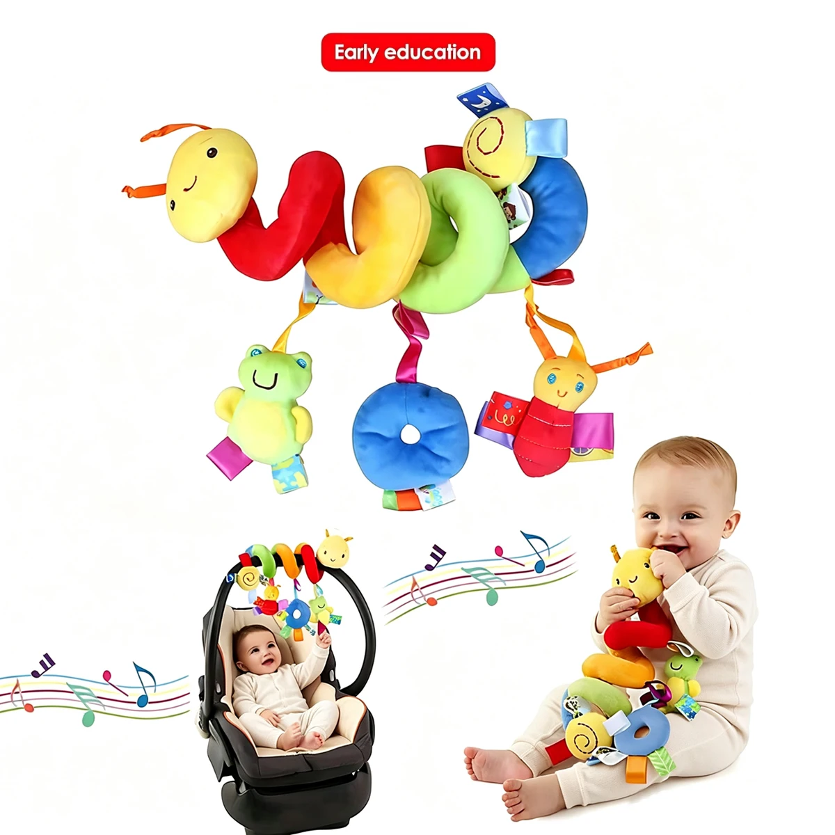 Caterpillar Baby Stroller Spiral Hanging Early Learning Toy with BB Squeaker Crinkle Paper for Crib Car Seat Infant 0-12 Months