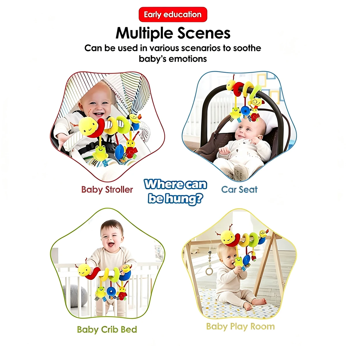 Caterpillar Baby Stroller Spiral Hanging Early Learning Toy with BB Squeaker Crinkle Paper for Crib Car Seat Infant 0-12 Months