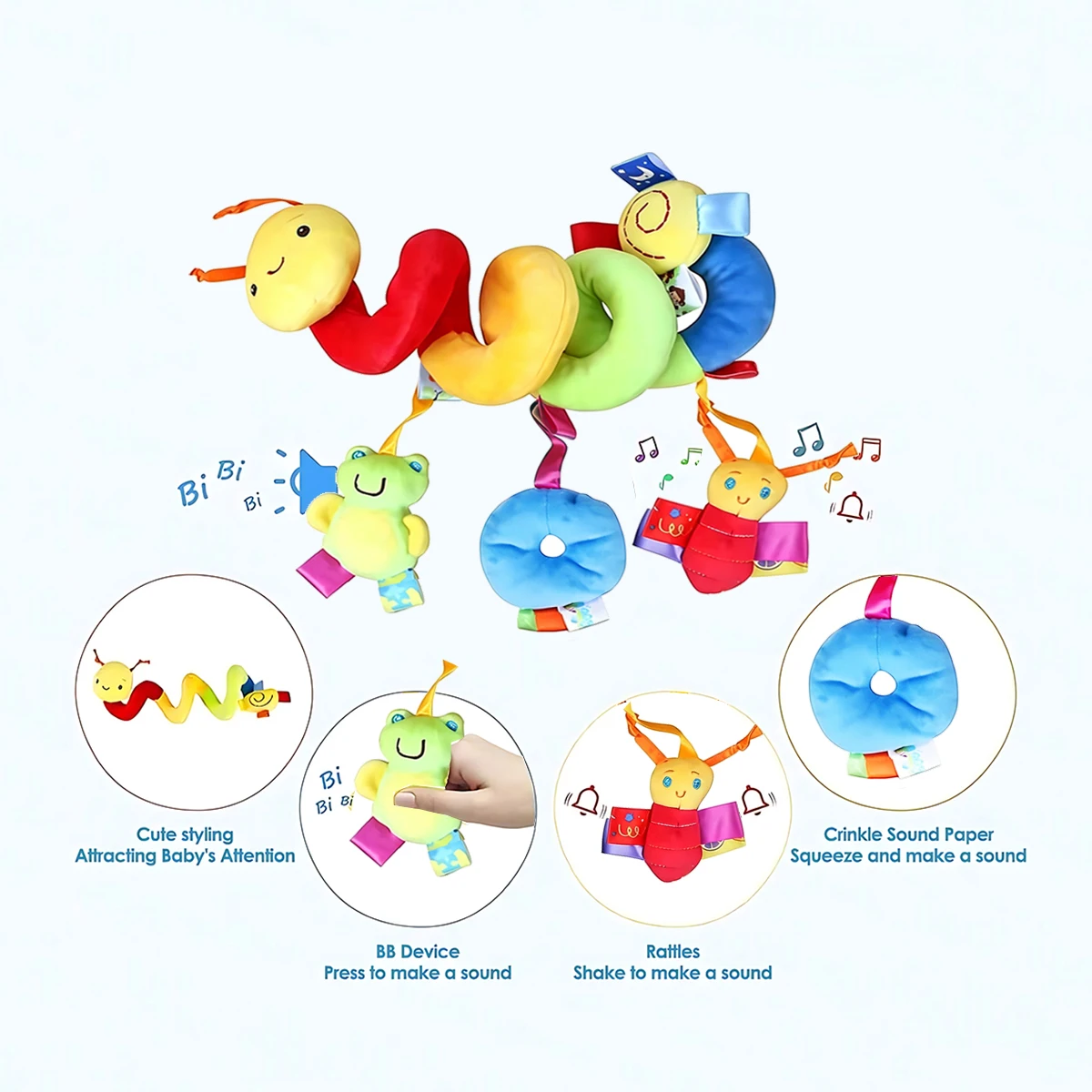 Caterpillar Baby Stroller Spiral Hanging Early Learning Toy with BB Squeaker Crinkle Paper for Crib Car Seat Infant 0-12 Months