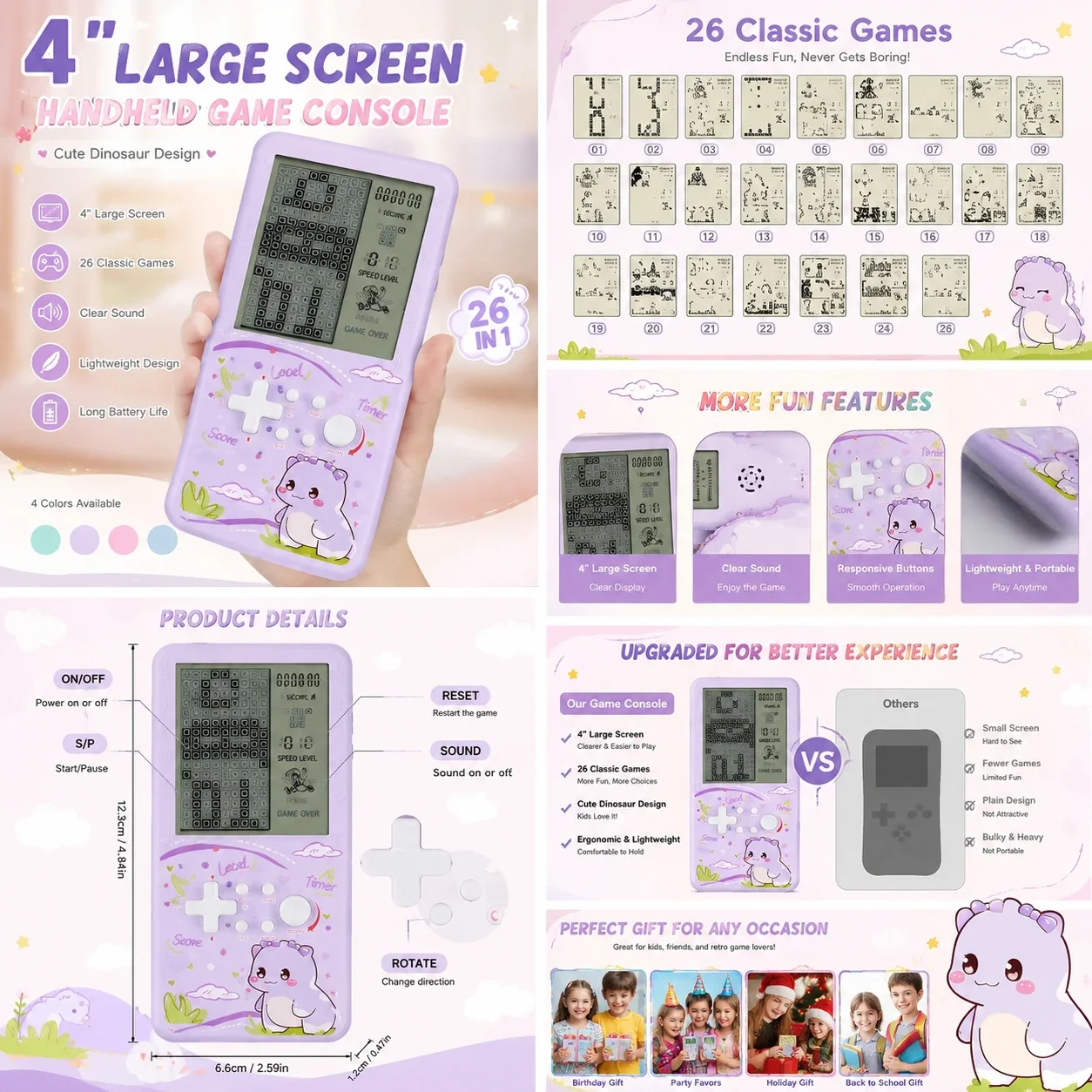 4" Large Screen Handheld Game Console 26 Classic Games Retro Portable Gaming Device Christmas Gift