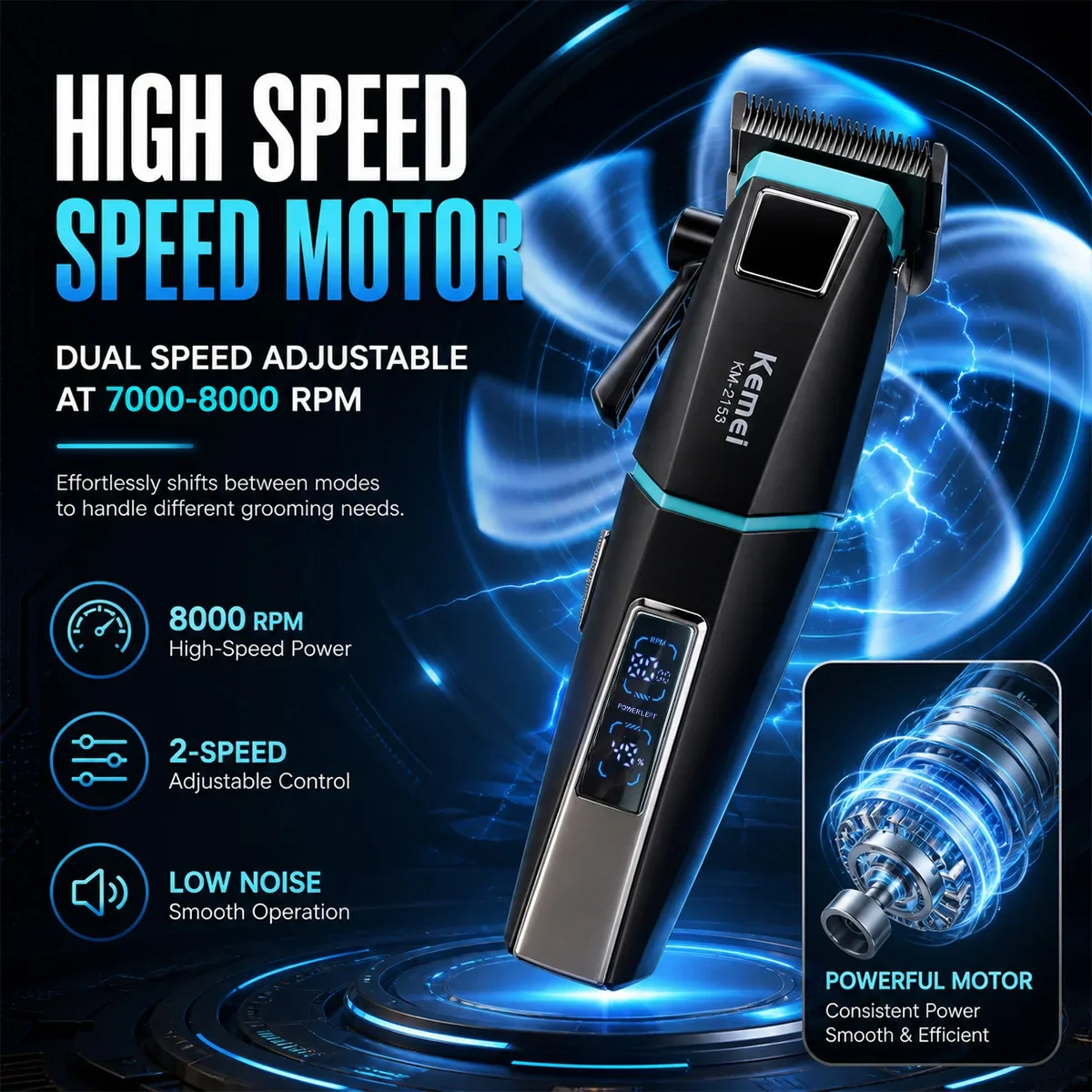 Kemei KM-2153 Clippers for Men LED Display Fade Blade 8000RPM 2000mAh 2-Speed 5W DC Motor Professional Hair Cutting Machine