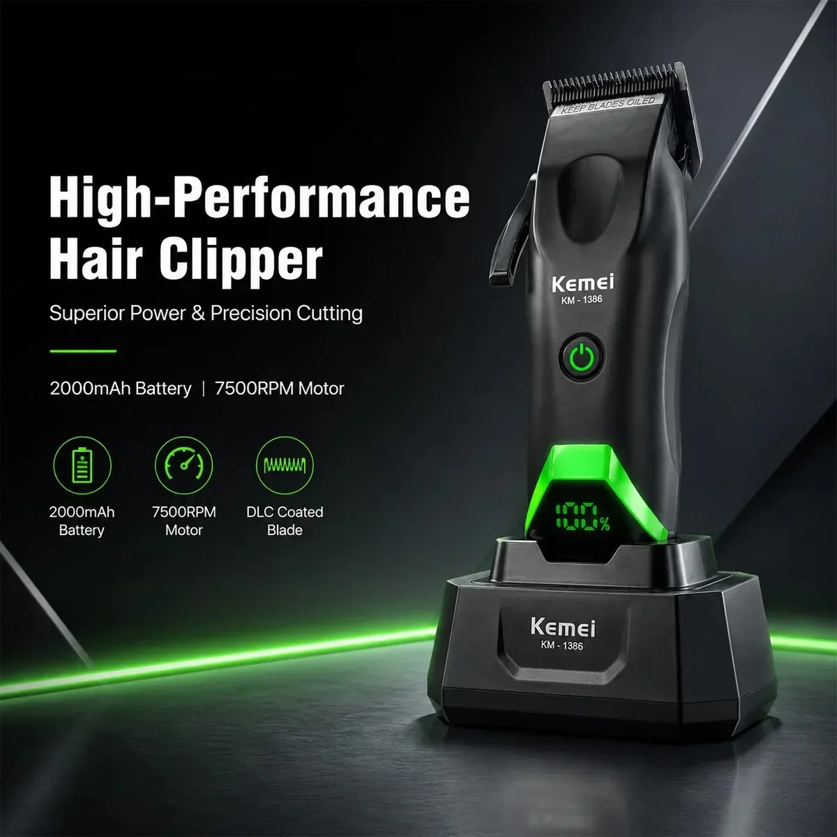 Kemei Professional Hair Clipper LED Display Trimmer Charging Base Hair Care Appliance Adjustable Clipper for Men KM-1385 KM-1386