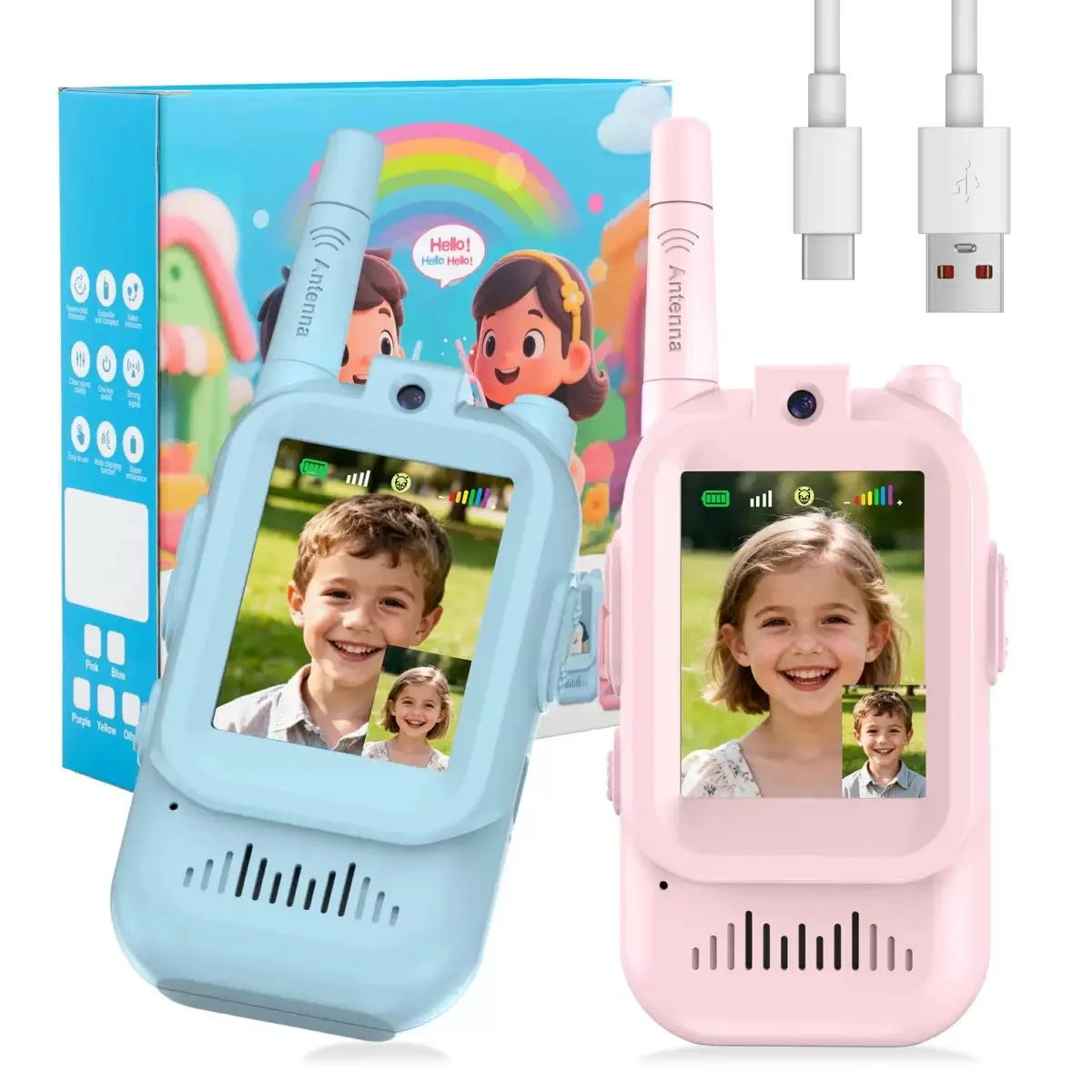 Kids Video Walkie Talkies 2 Pack Long Range Walkie-Talkie Rechargeable for Indoor Camping Hiking Travel Gift for Boys Girls