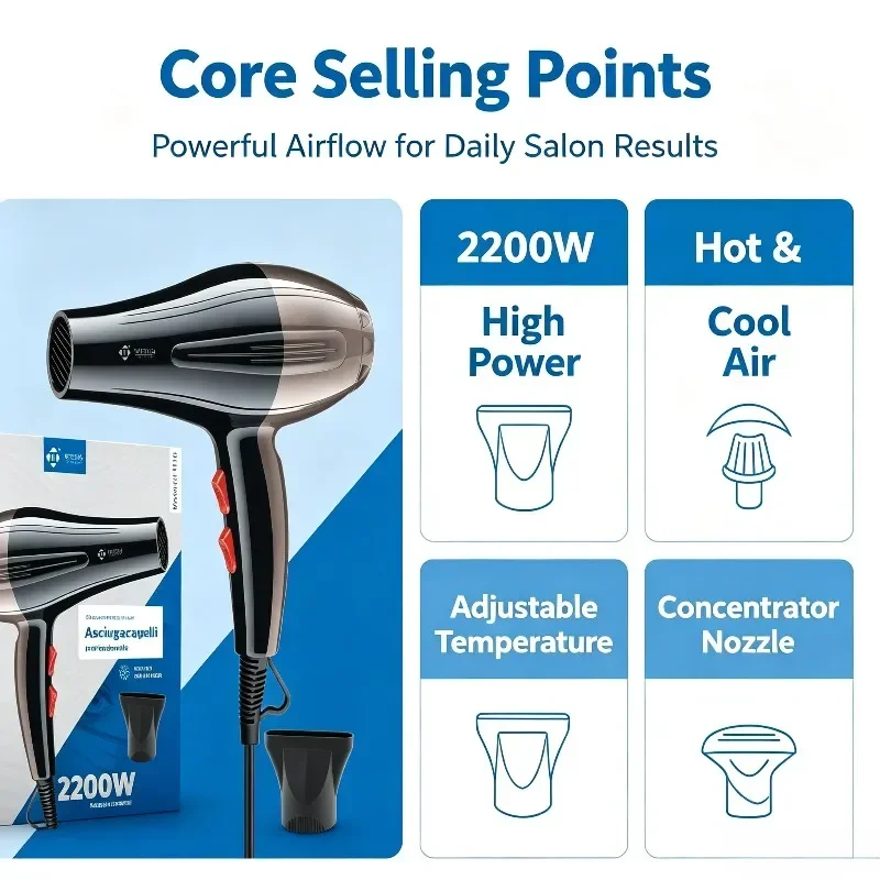 2200W Professional Hair Dryer AC100-240V Adjustable Temperature Speed Cold Shot Blow Dryer With Concentrator Nozzle Salon Home Travel Hair Styling Tool
