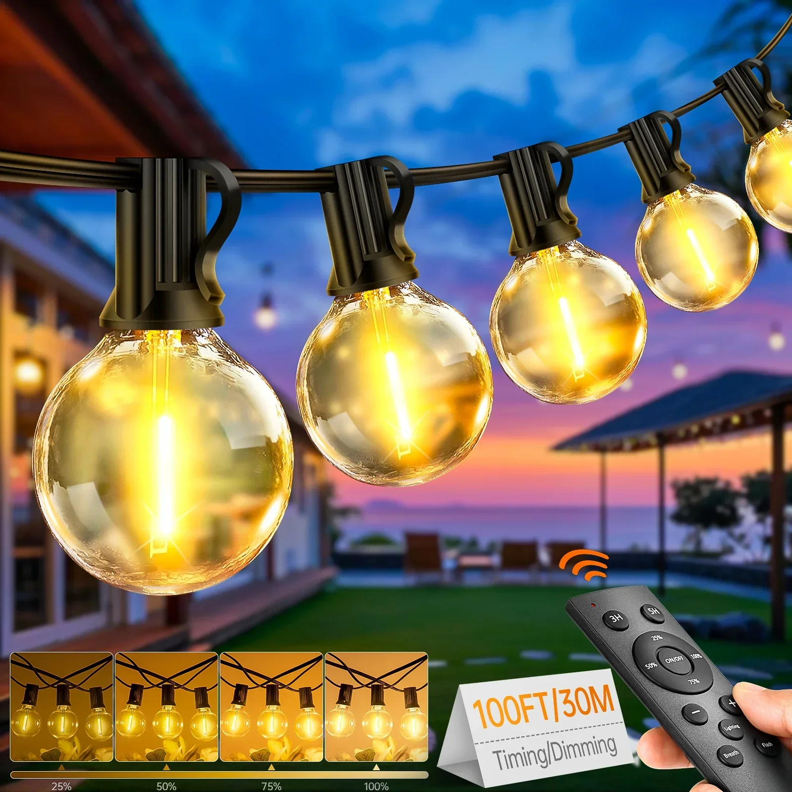 24V 30M Low Voltage String Lights with Remote Control Horizontal Bulbs Indoor-Outdoor Waterproof Garden Decor UK Plug