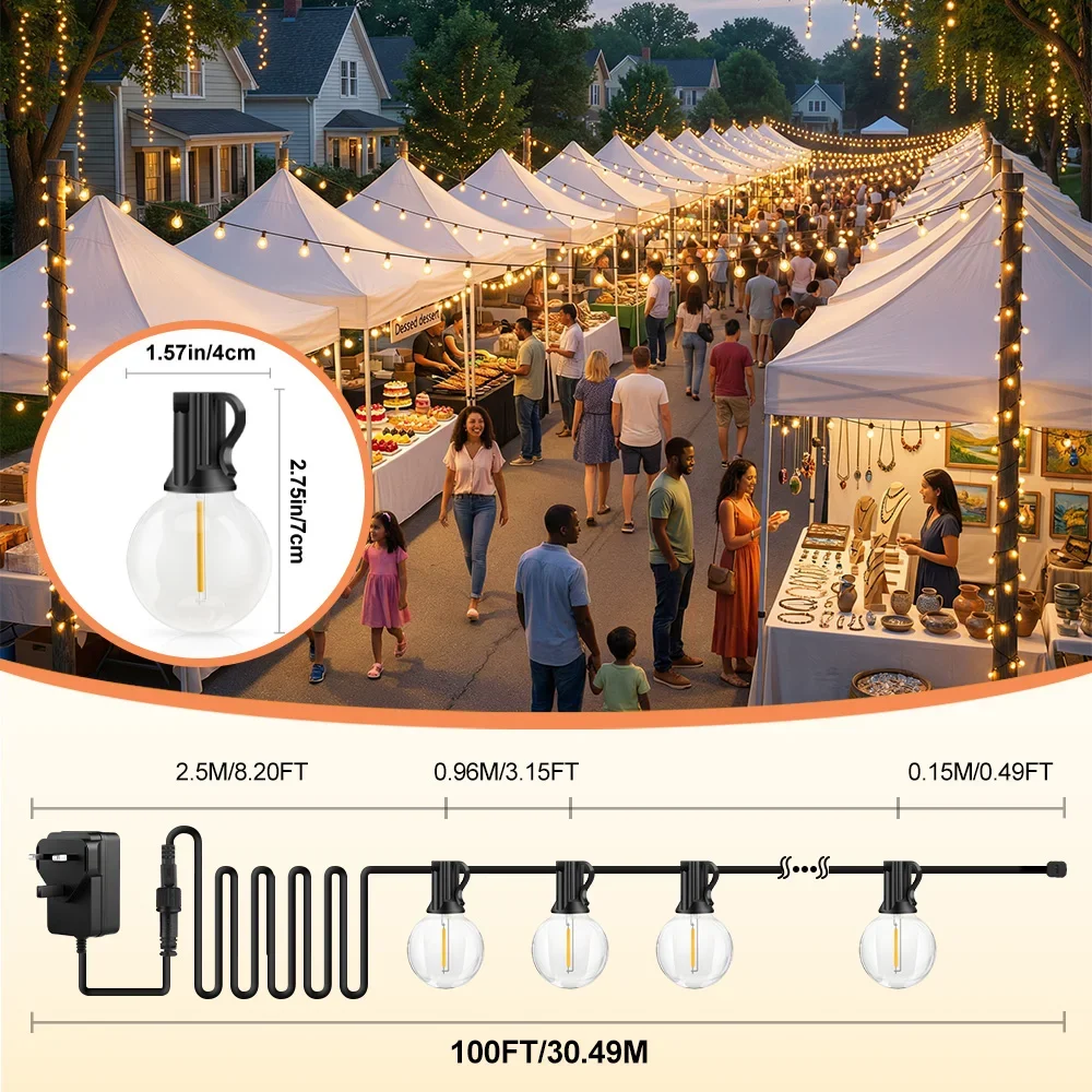24V 30M Low Voltage String Lights with Remote Control Horizontal Bulbs Indoor-Outdoor Waterproof Garden Decor UK Plug