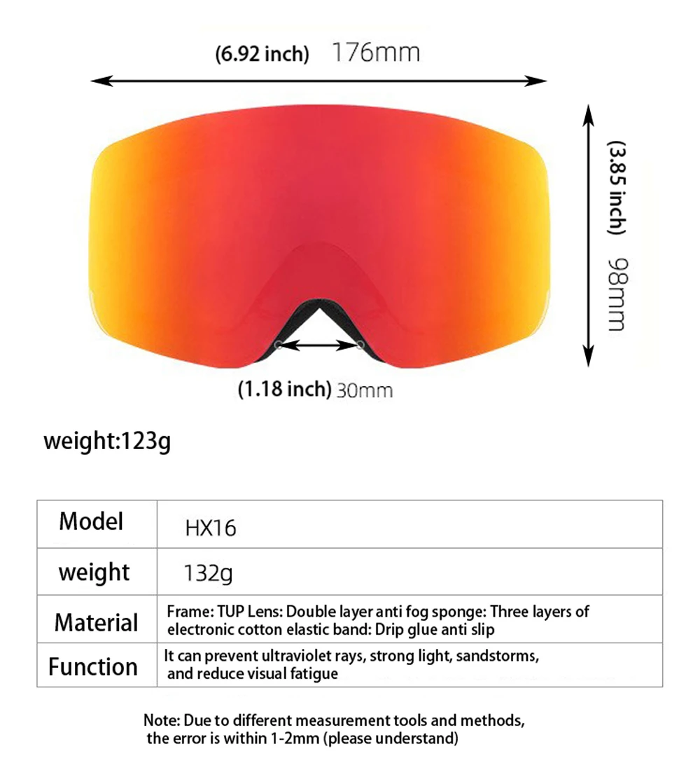 Big Ski Snowboard Goggles Women Men Skiing Eyewear Mask UV 400 Snow Protection Over Glasses Adult Double Anti-Fog Cylindrical