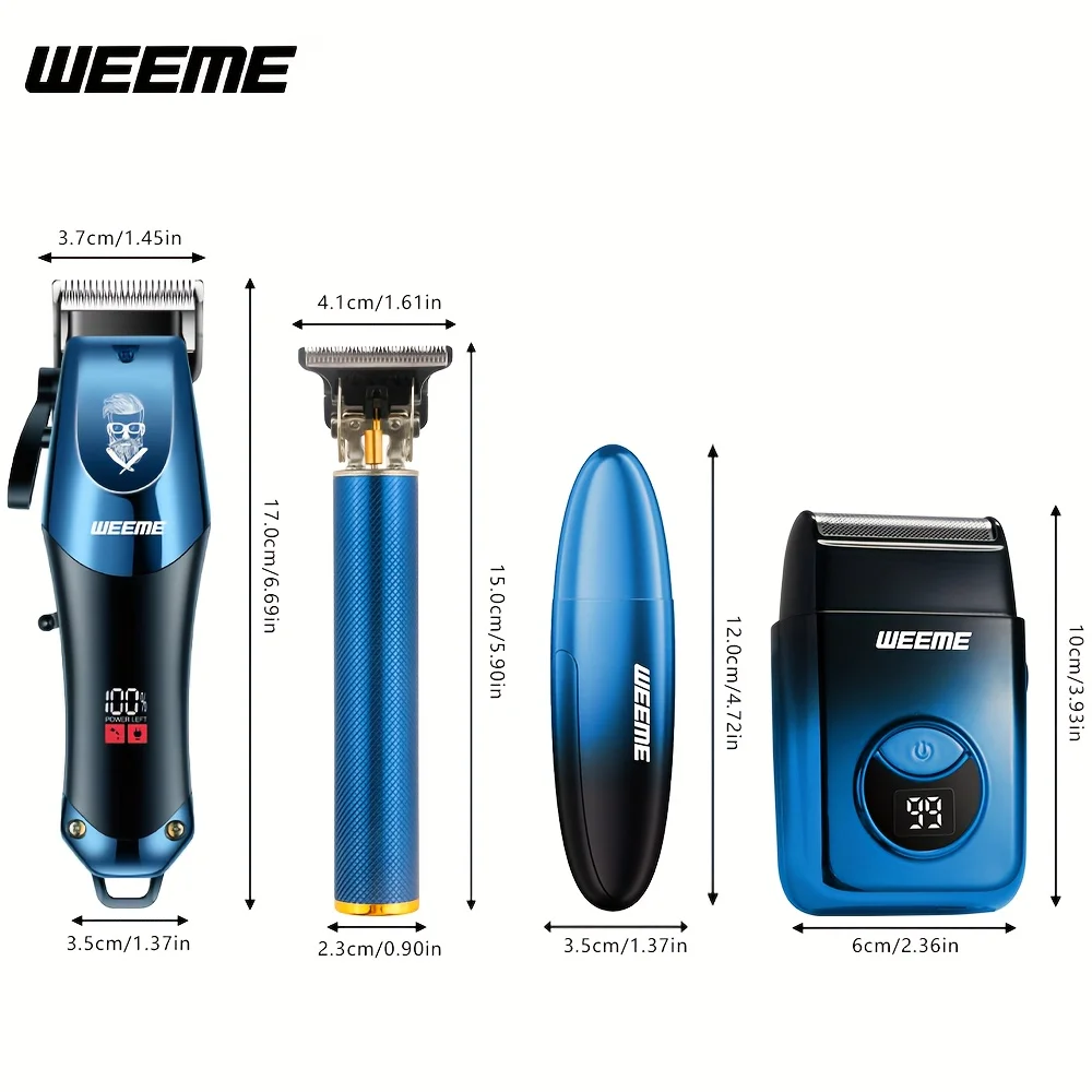 4-Piece Men's Professional Blue Hair Clipper Set, Cordless Trimmer with LED Display, Includes Razor Head and Nose Trimmer, Perfe