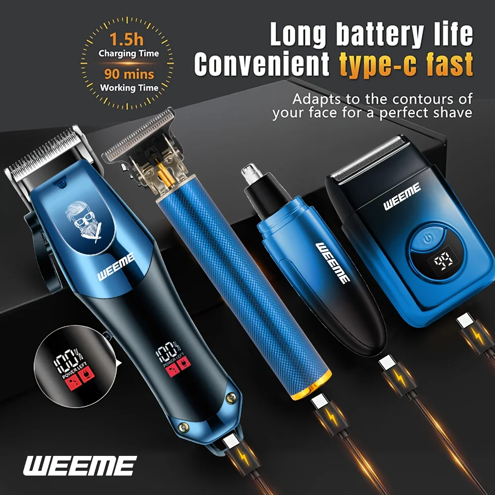 4-Piece Men's Professional Blue Hair Clipper Set, Cordless Trimmer with LED Display, Includes Razor Head and Nose Trimmer, Perfe