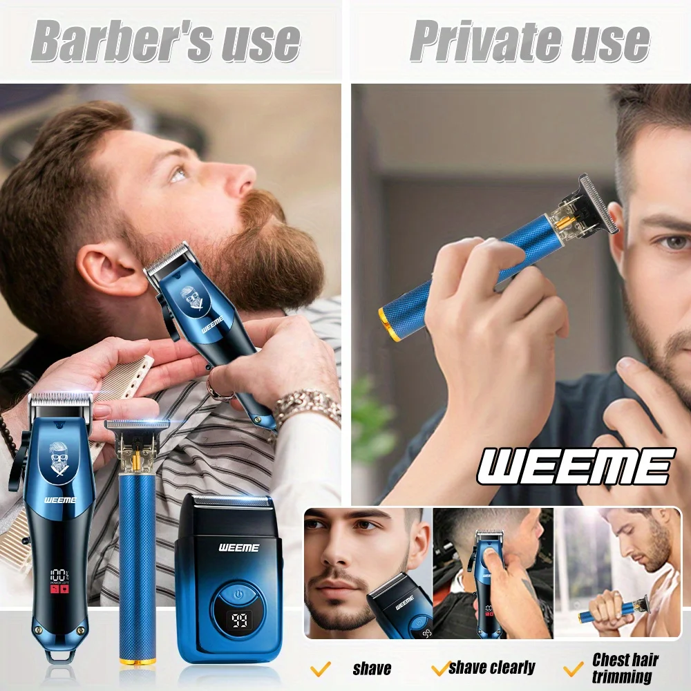 4-Piece Men's Professional Blue Hair Clipper Set, Cordless Trimmer with LED Display, Includes Razor Head and Nose Trimmer, Perfe